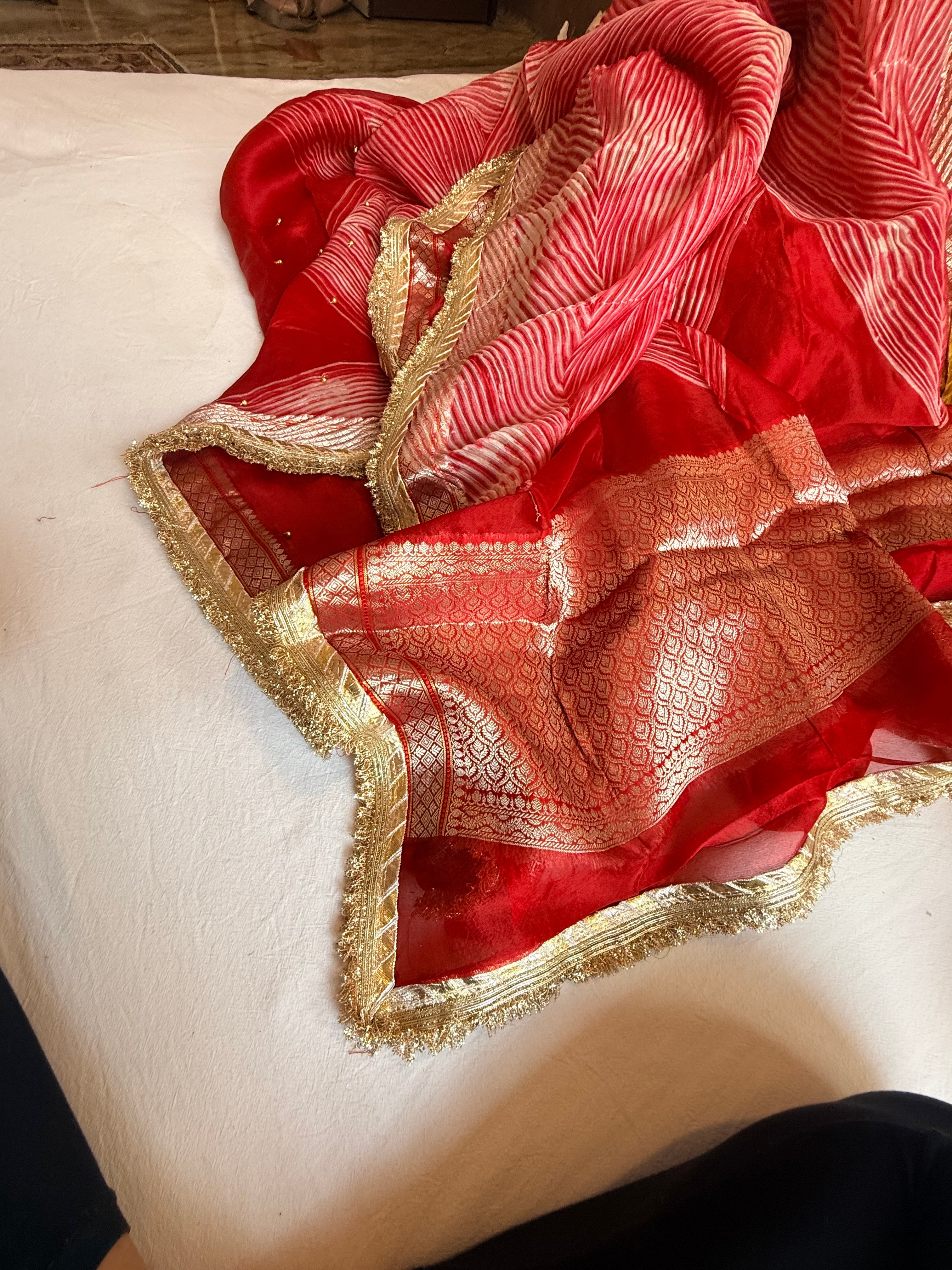 Arshi dye ghungro work kora silk banarasi kadhwa weaving saree