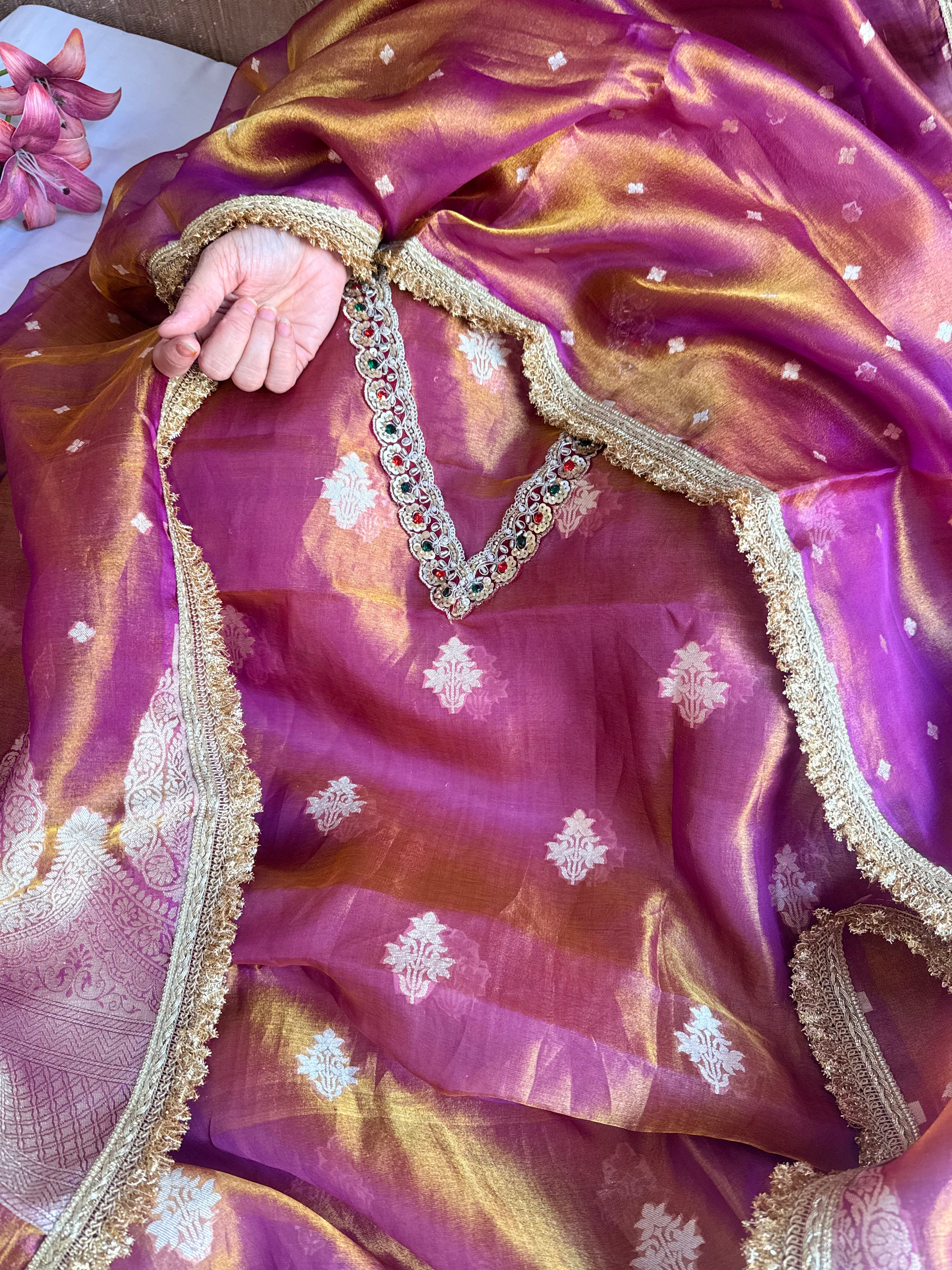 Navratna purple tissue silk kadhwa buti hand embroidered suit sets