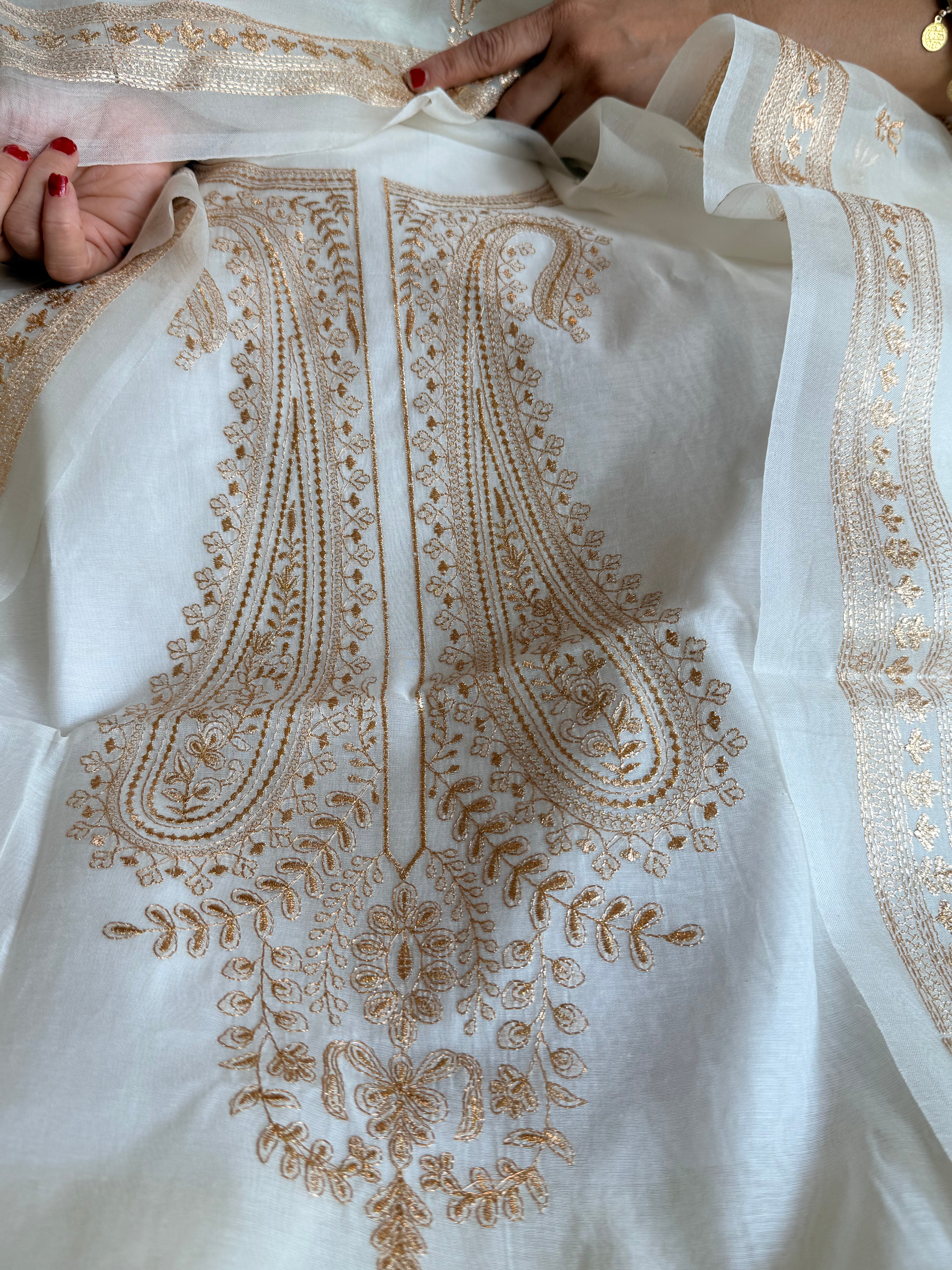 Mul cotton aariwork hand embroidered banarasi suit set