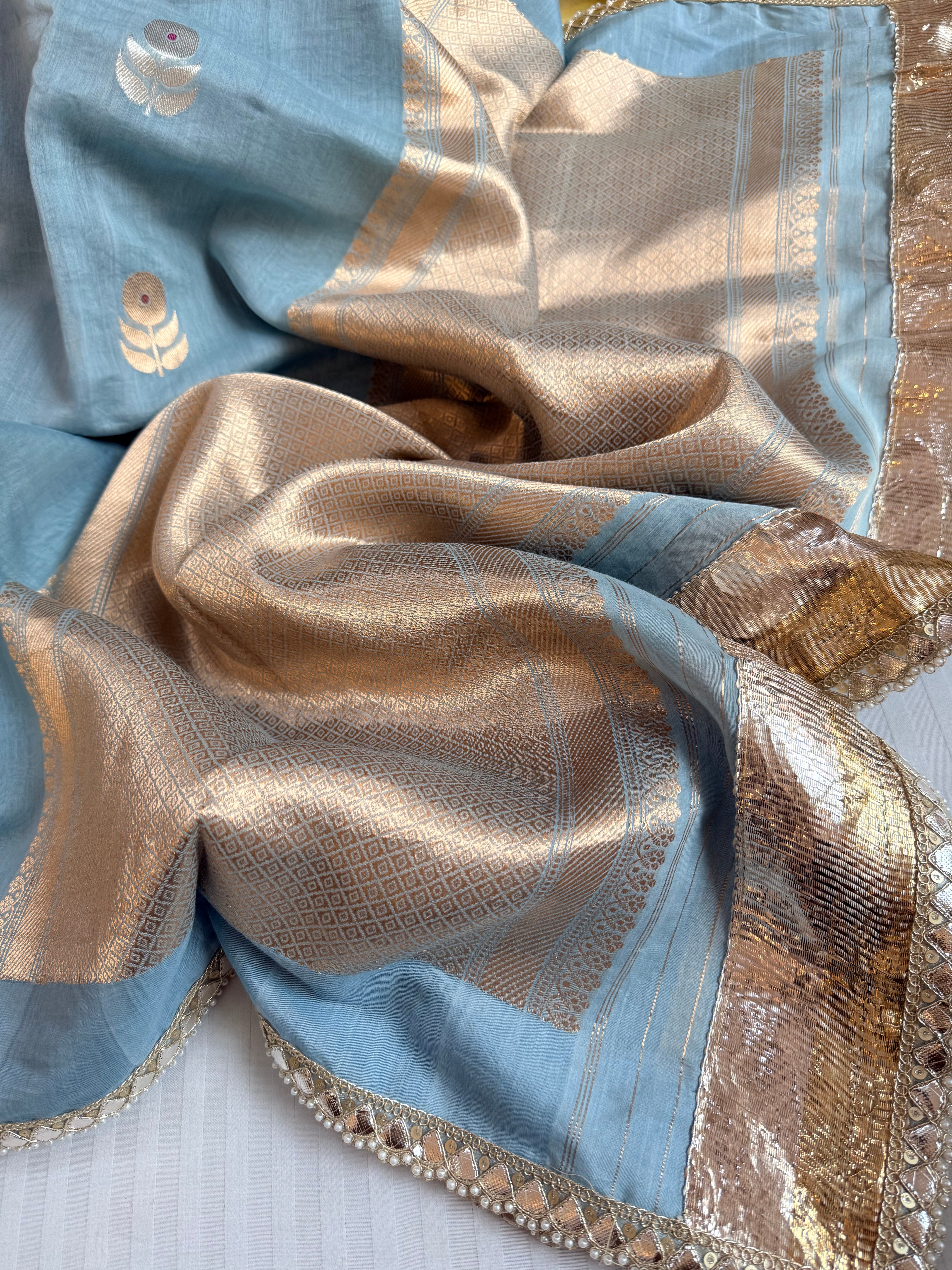 Handloom mulmul cotton silk sarees with beautiful lampi gota lace
