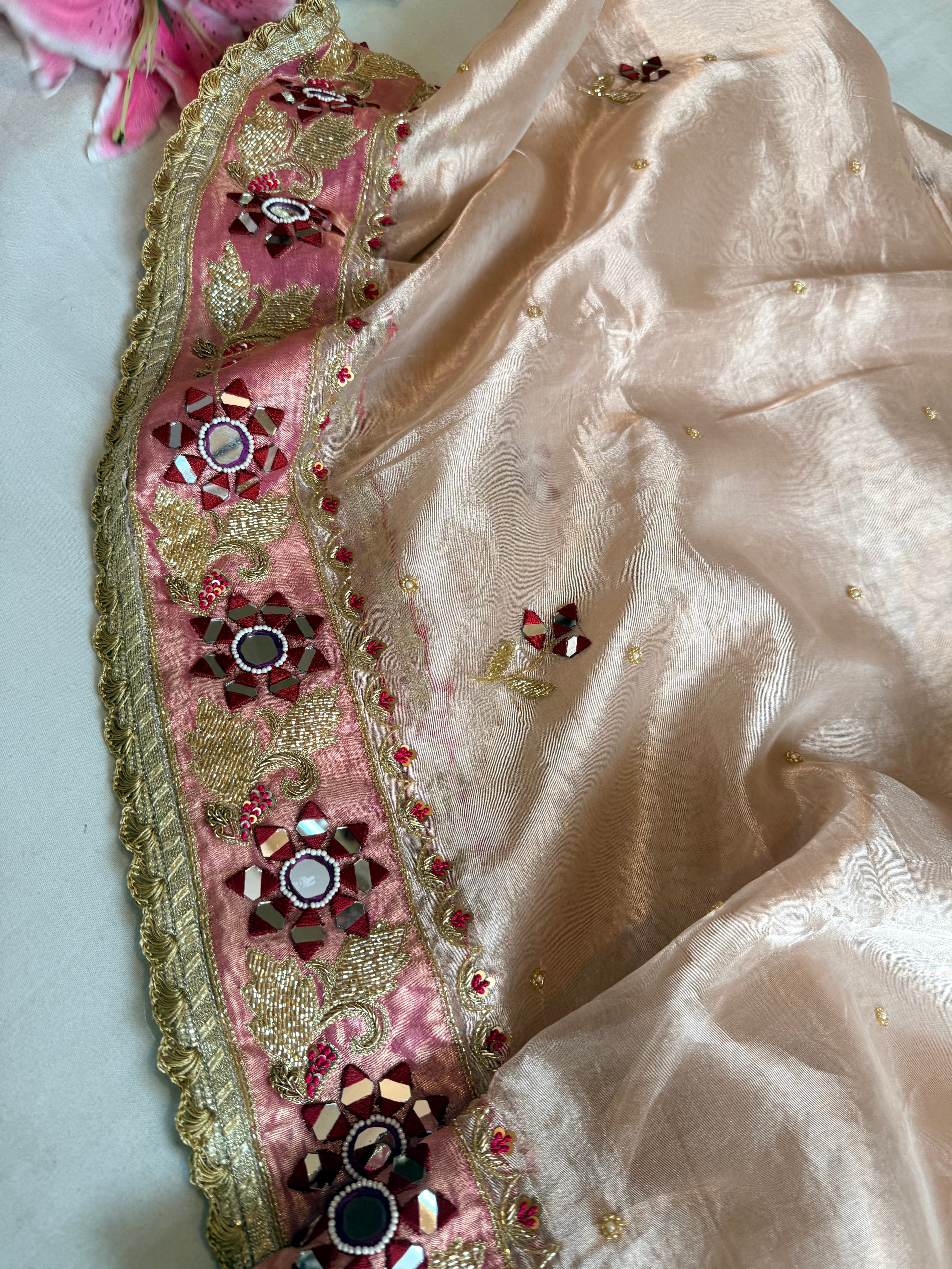 Dulhan wali saree edit copperish tissue silk hand embroidered saree