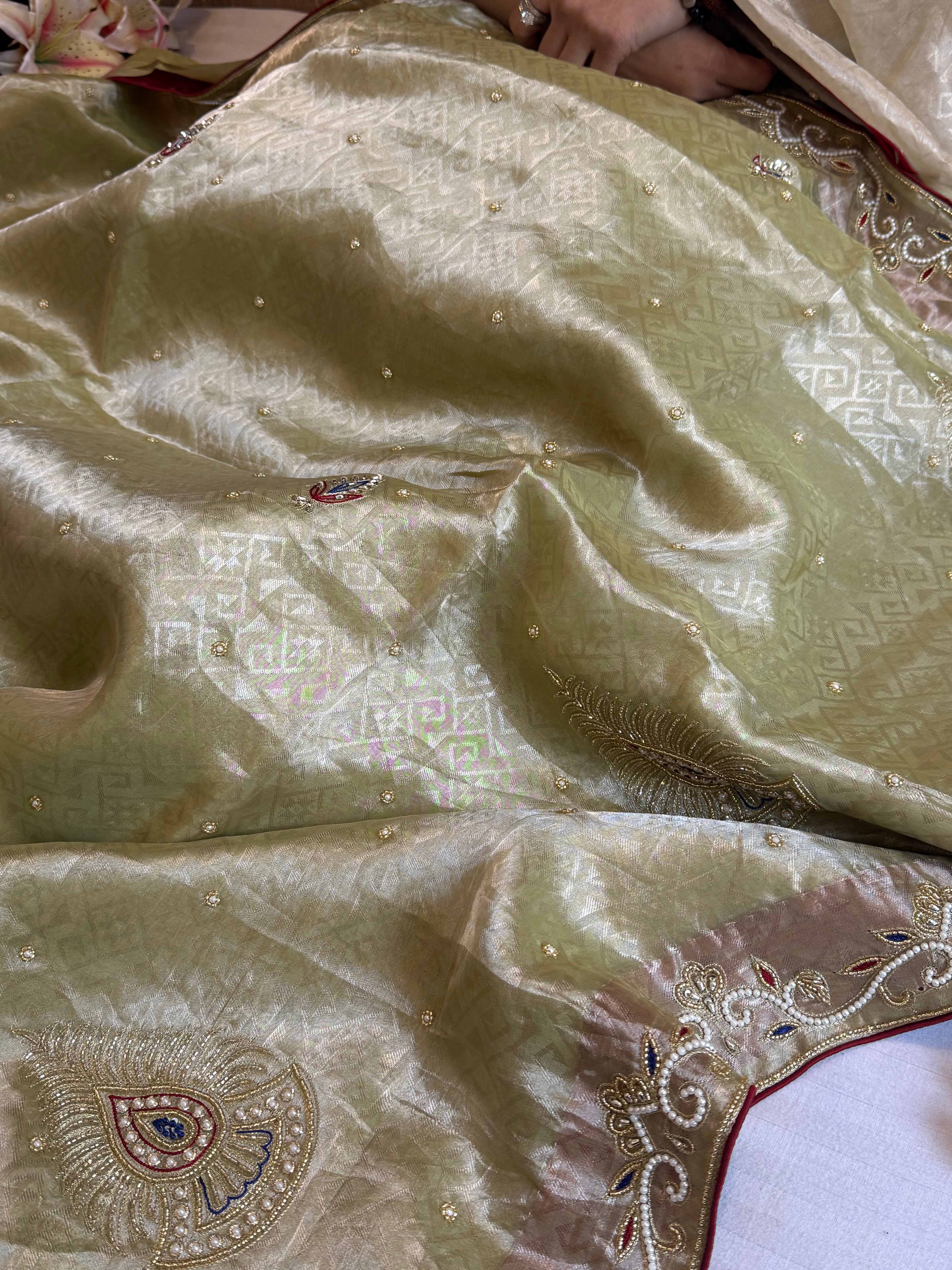 Pakeezah edit 2.0 - Mint green zardozi hand embroidered tissue silk kadhwa saree