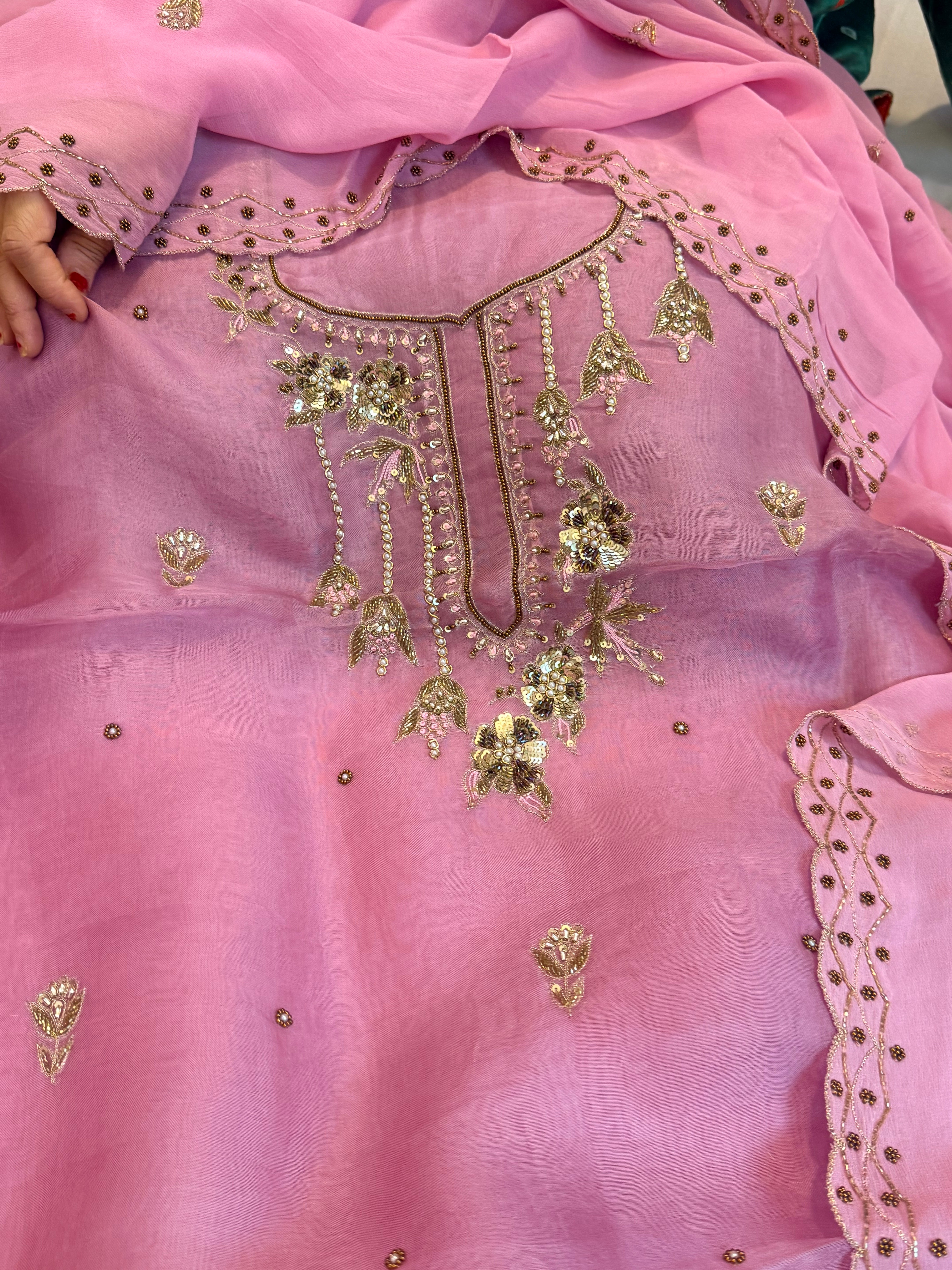 Blush pink kora silk gotapatti hand embroidered suit set