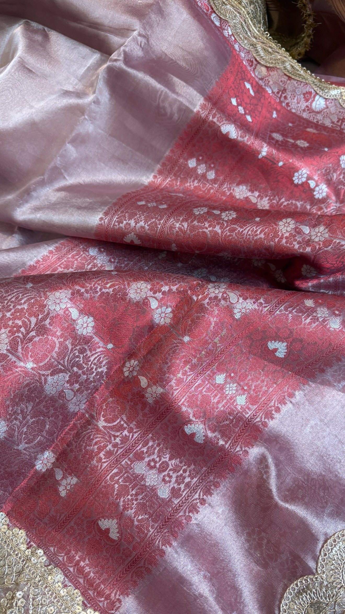 Maharani blush pink tissue silk meenakari kadhwa saree