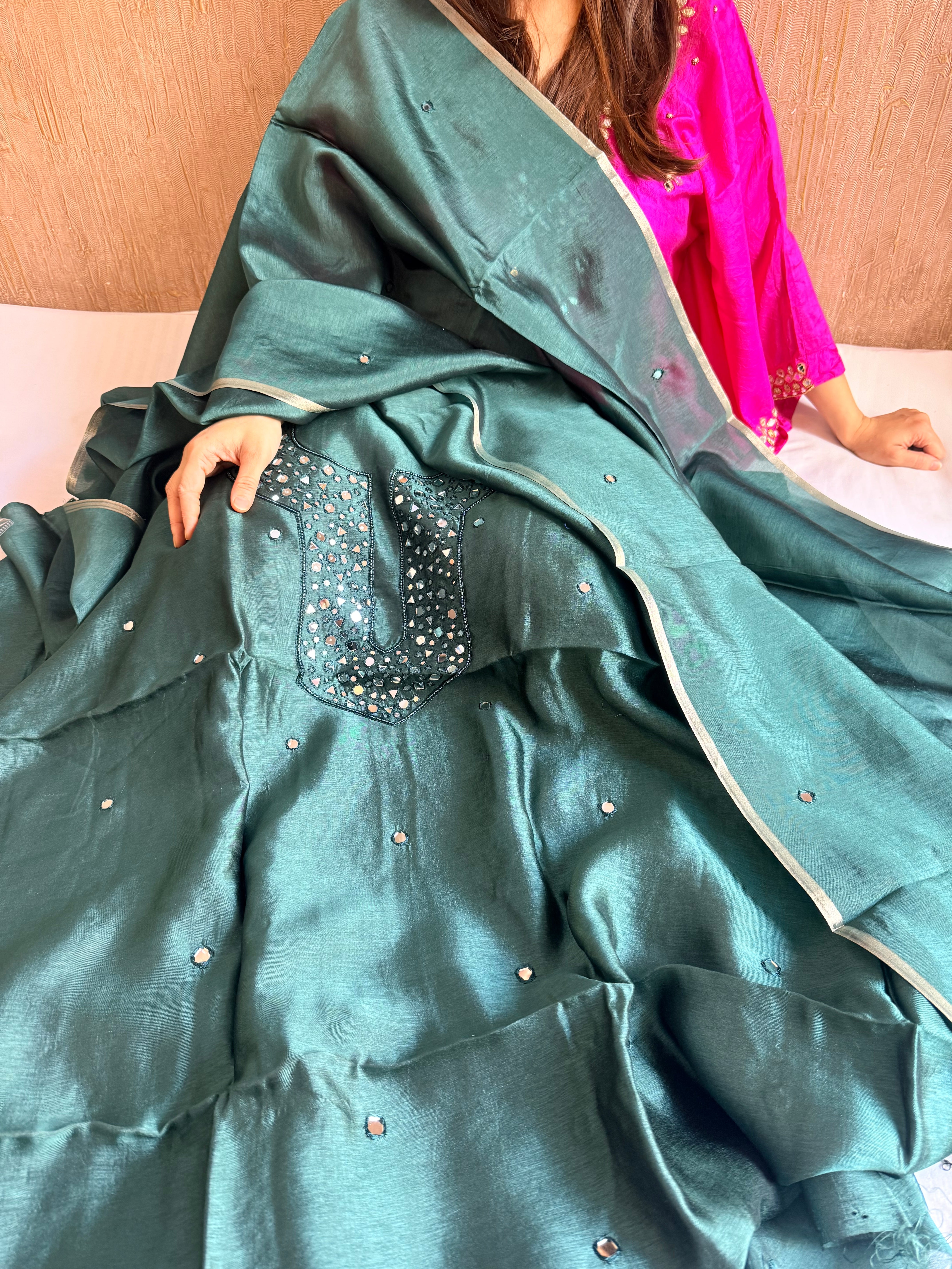 Spun chiniya silk mirror work hand embroidered banarasi suit set