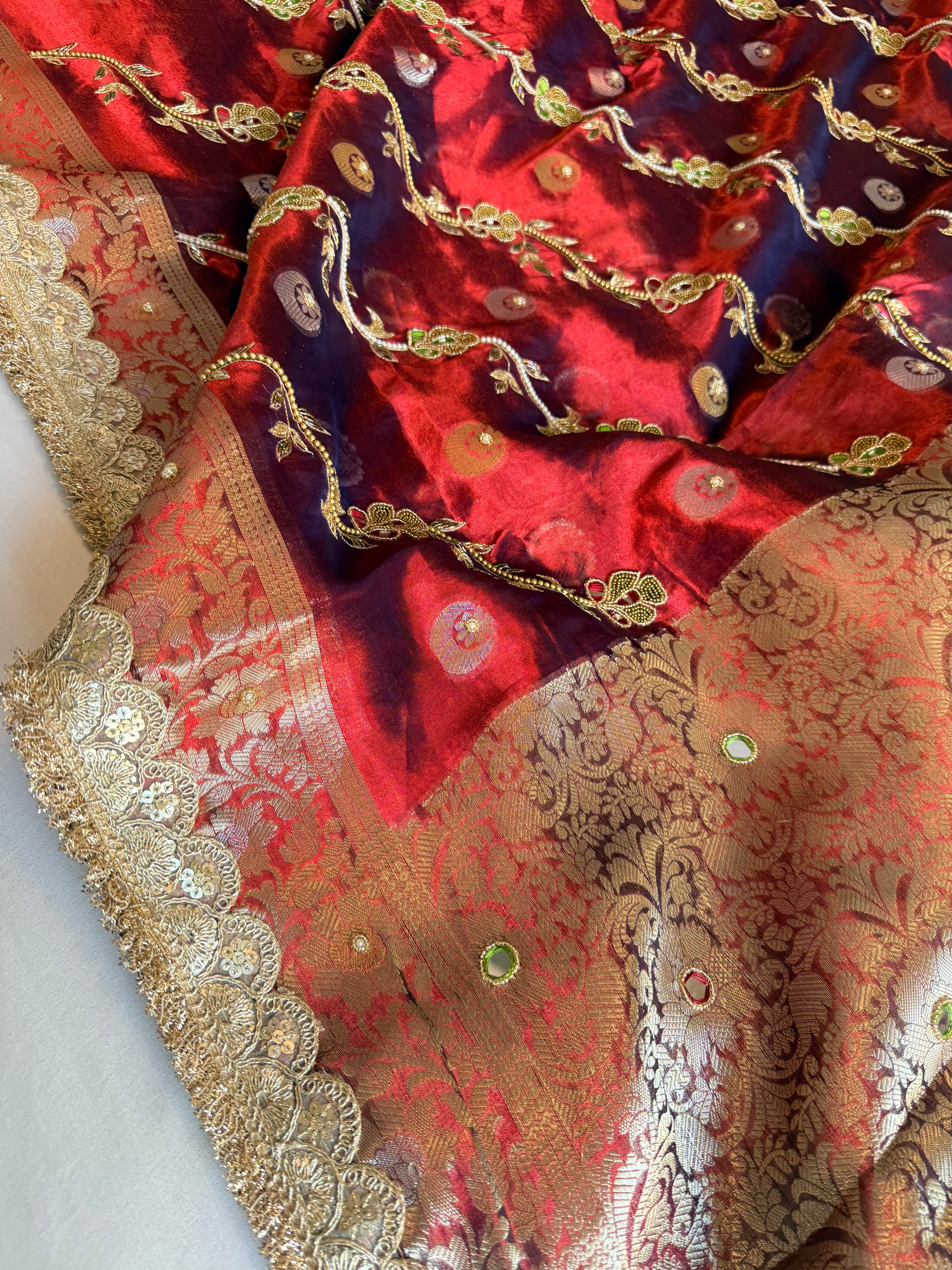 Maharani chand buta kadhwa tissue silk hand embroidered saree duppata set