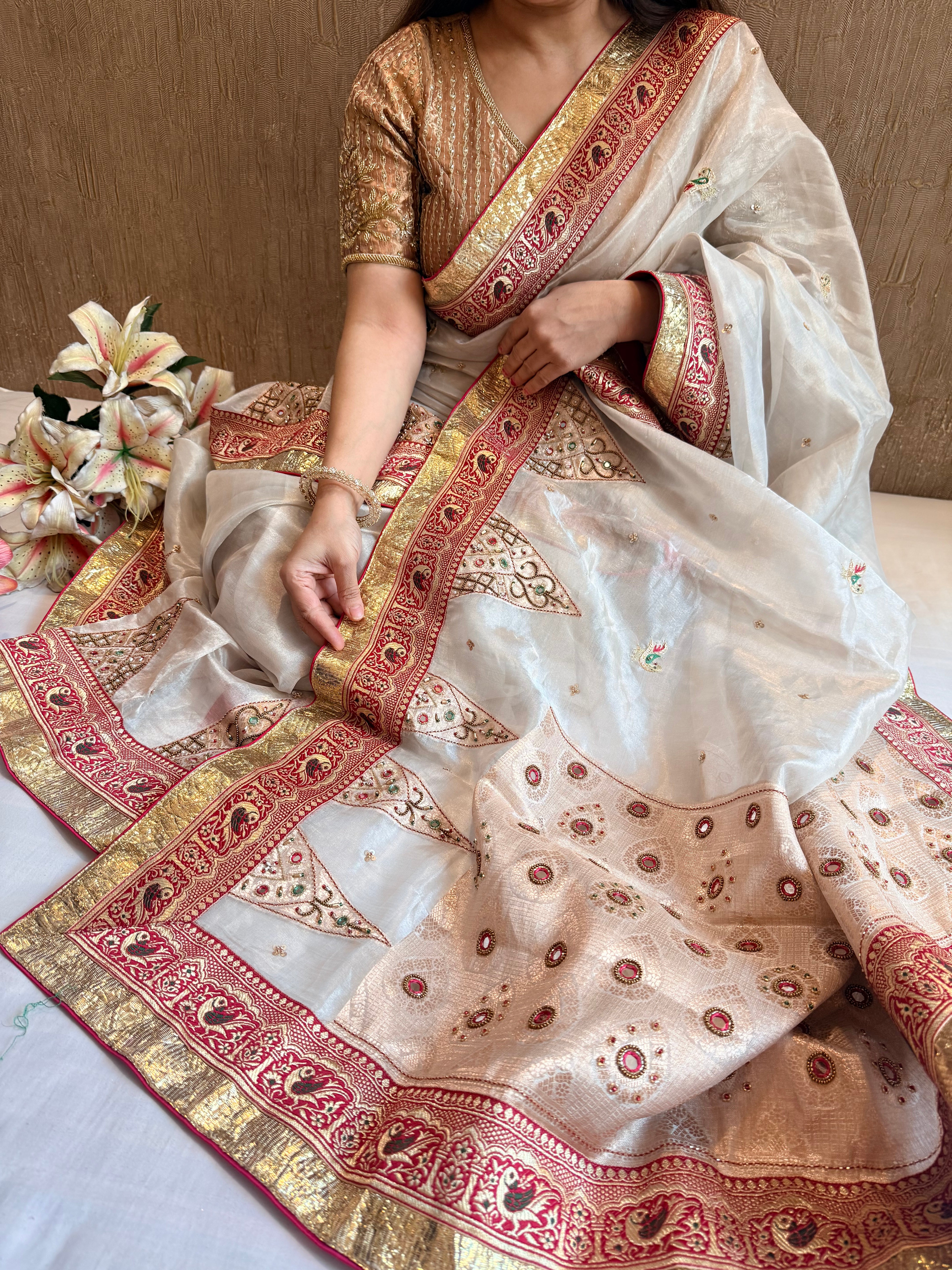 Toran temple border Ivory tissue silk patchwork hand embroidered border saree