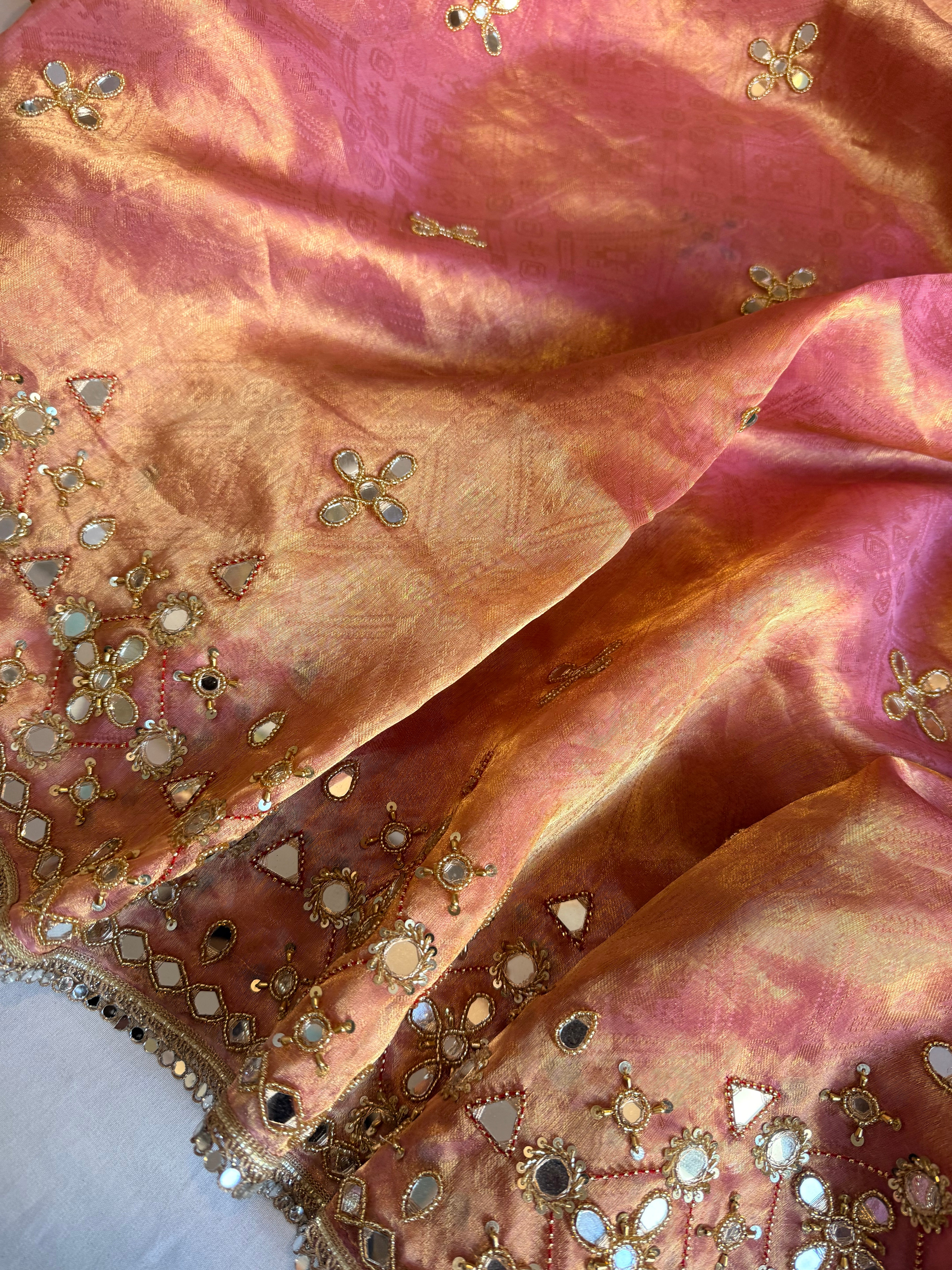 Dhup chao effect gulabi pink tanchui tissue silk mirrorwork hand embroidered kadhwa saree