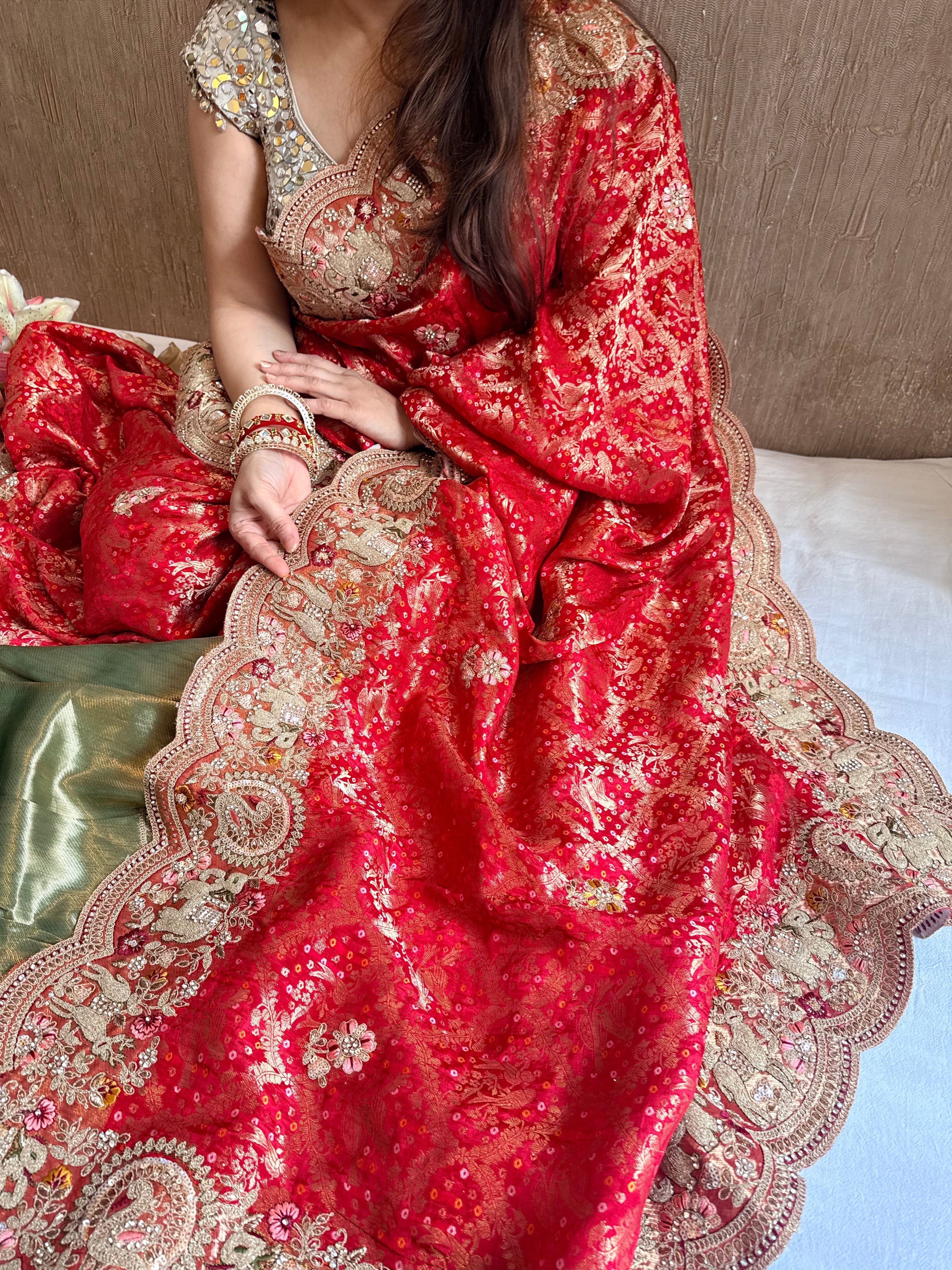 Banarasi bandhej crepe tissue silk  embroidered saree