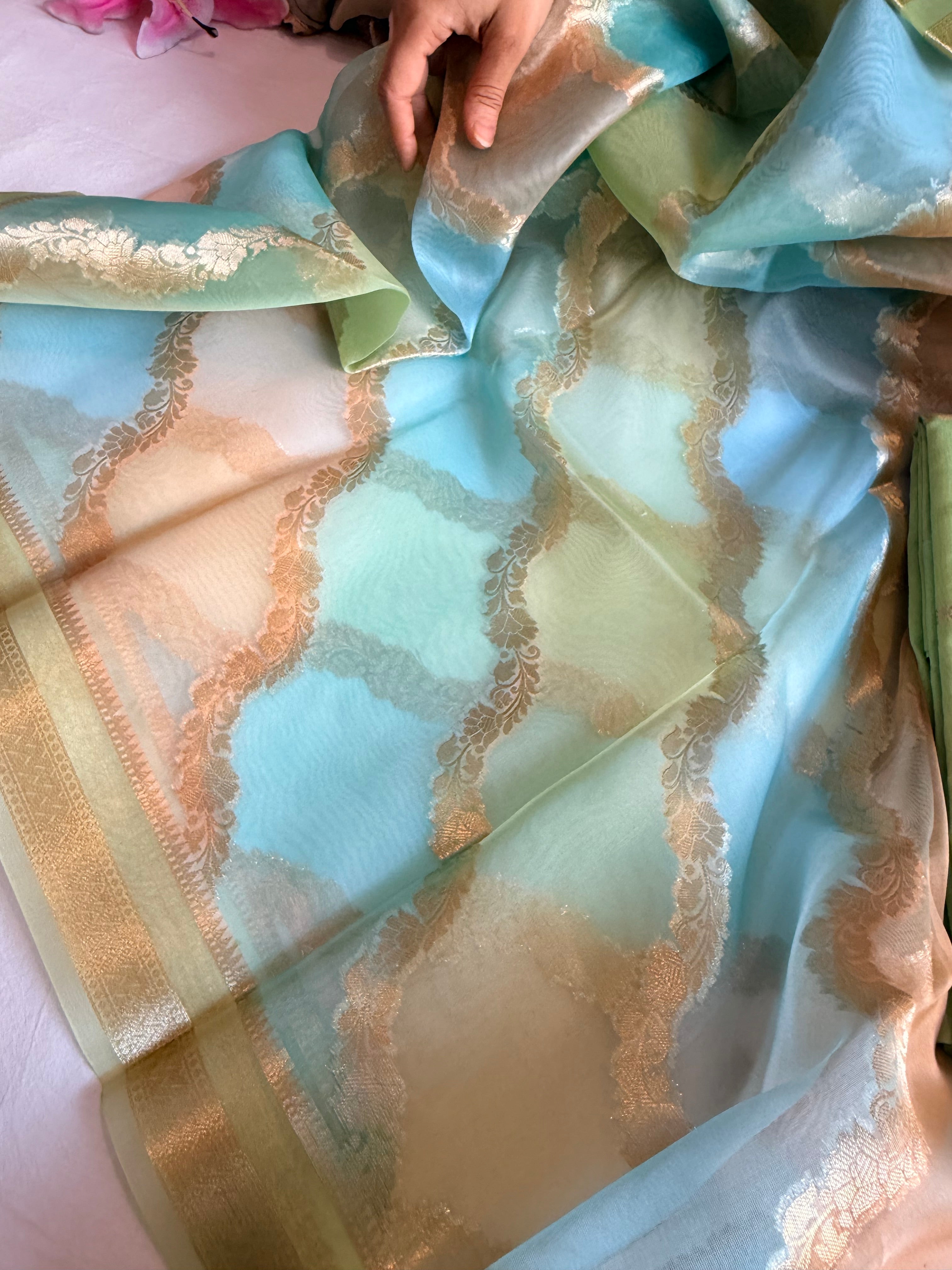 Banarasi chiniya silk kurta paired with candy colours rangkaat kora silk duppata