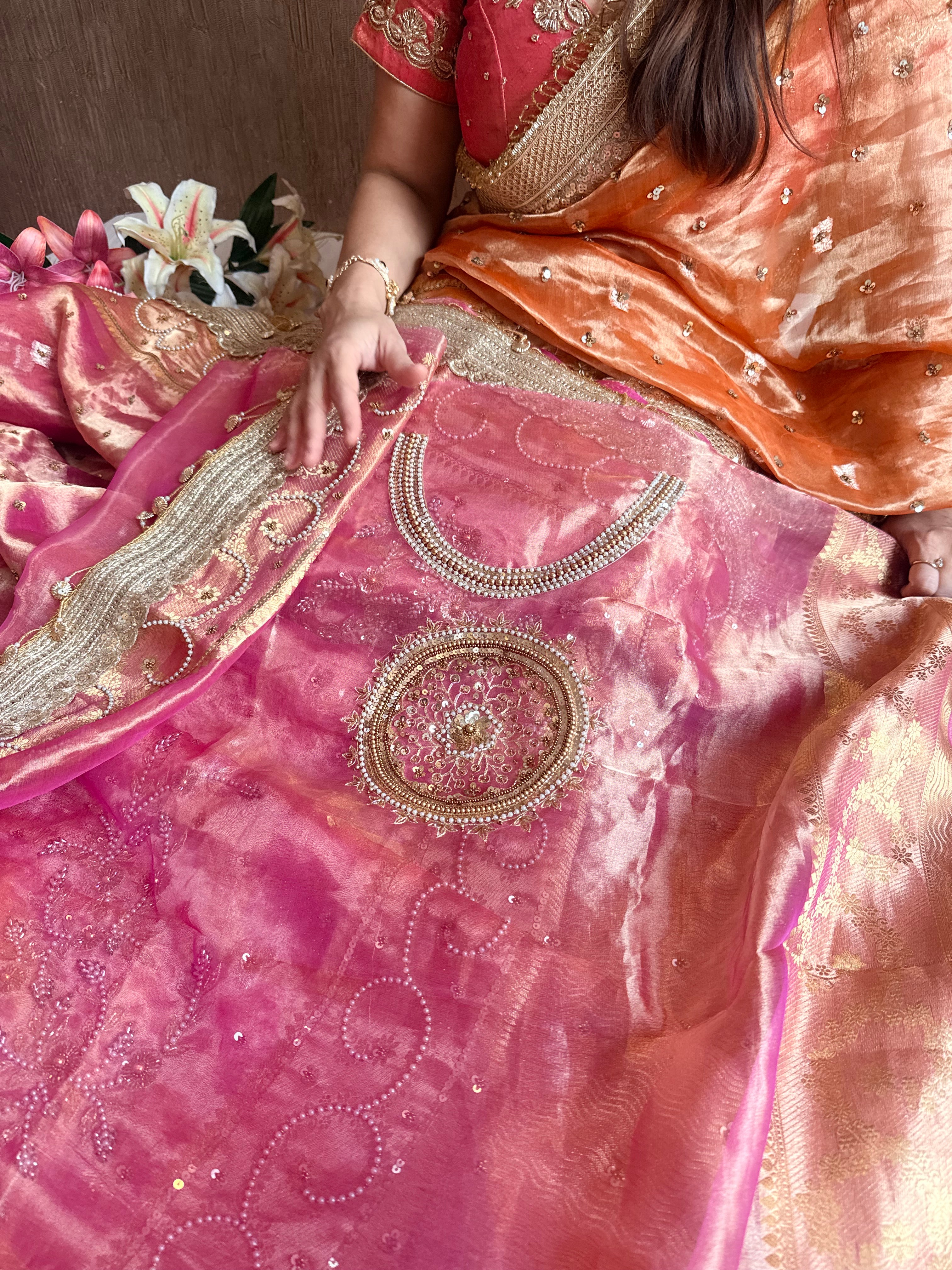 Salma-sitara molten hot pink tissue silk antique work hand embroidered saree