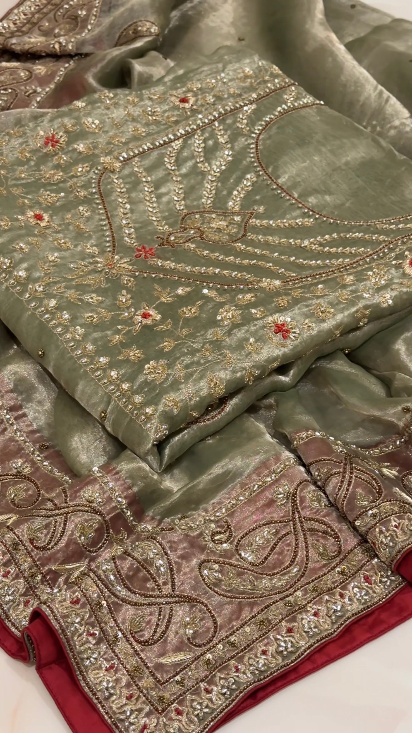 Umrao jaan inspired mint-red tissue silk hand embroidered kadhwa suit set