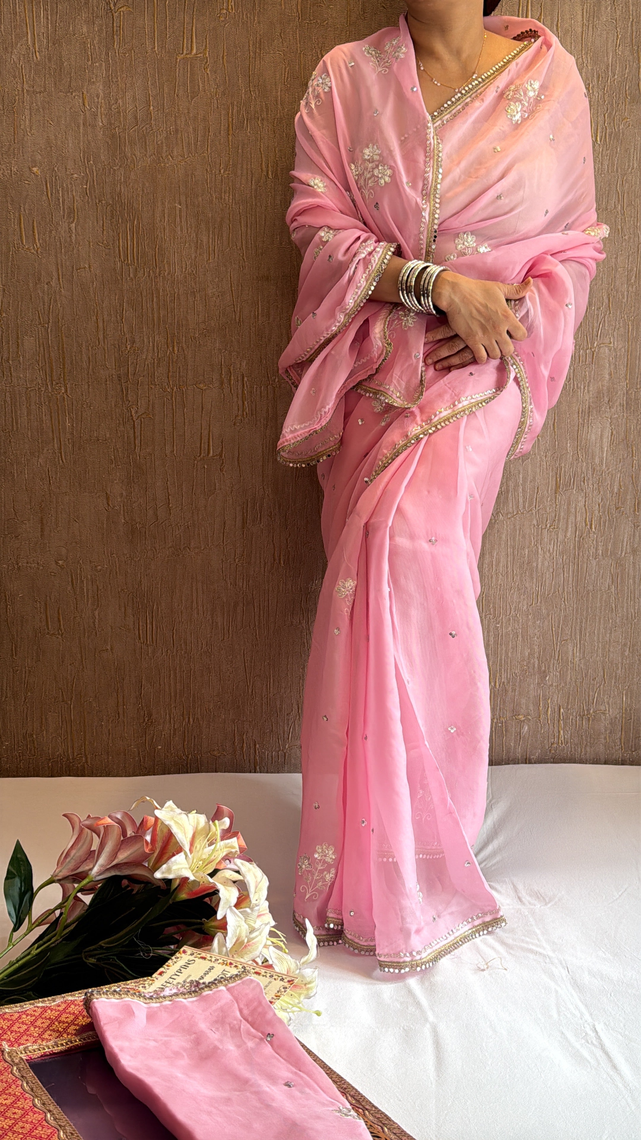 Gulab kamal chiffon kora pittawork kadhwa hand embroidered saree