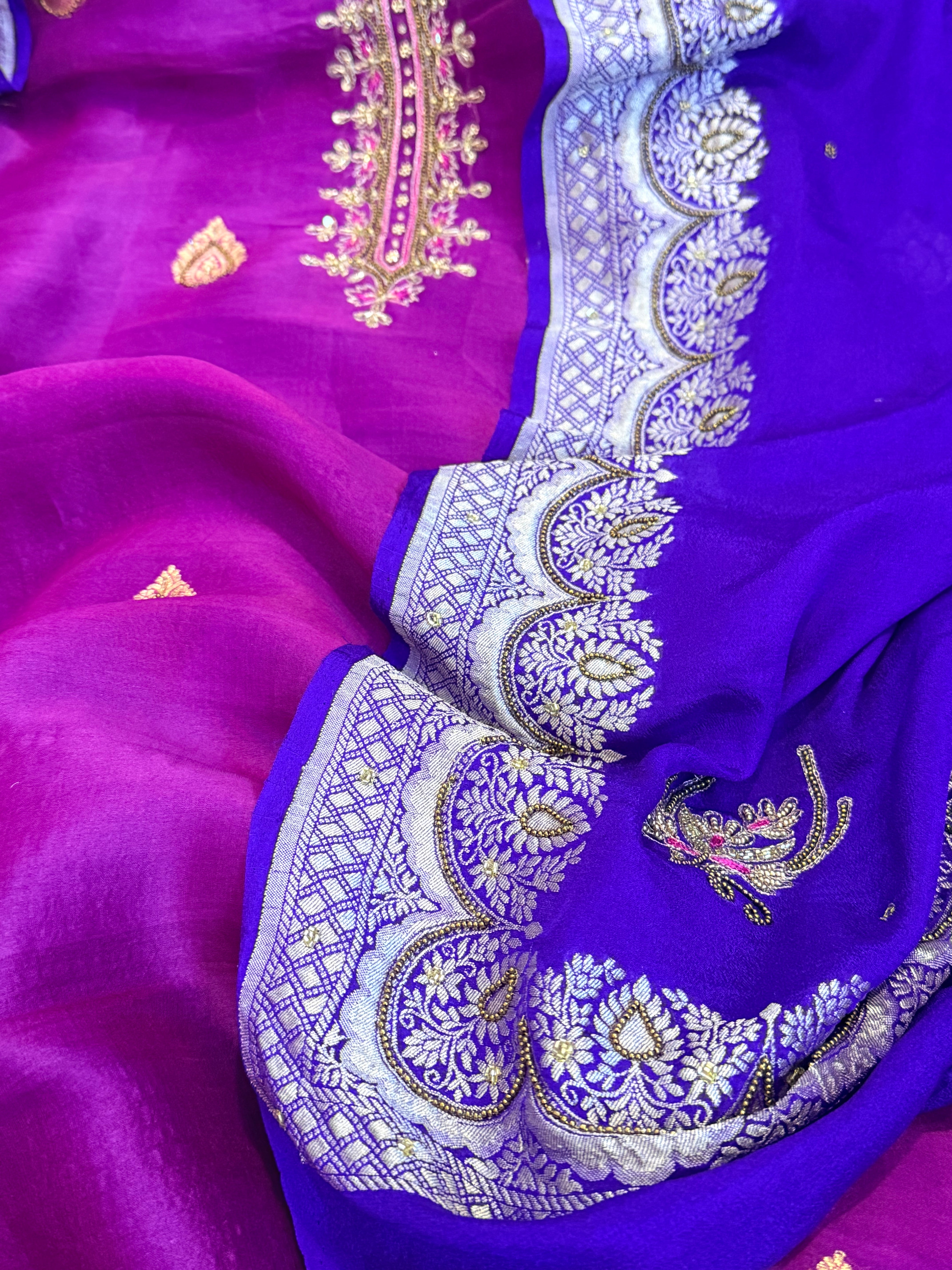 Electric purple-blue kora silk gotapatti hand embroidered suit set
