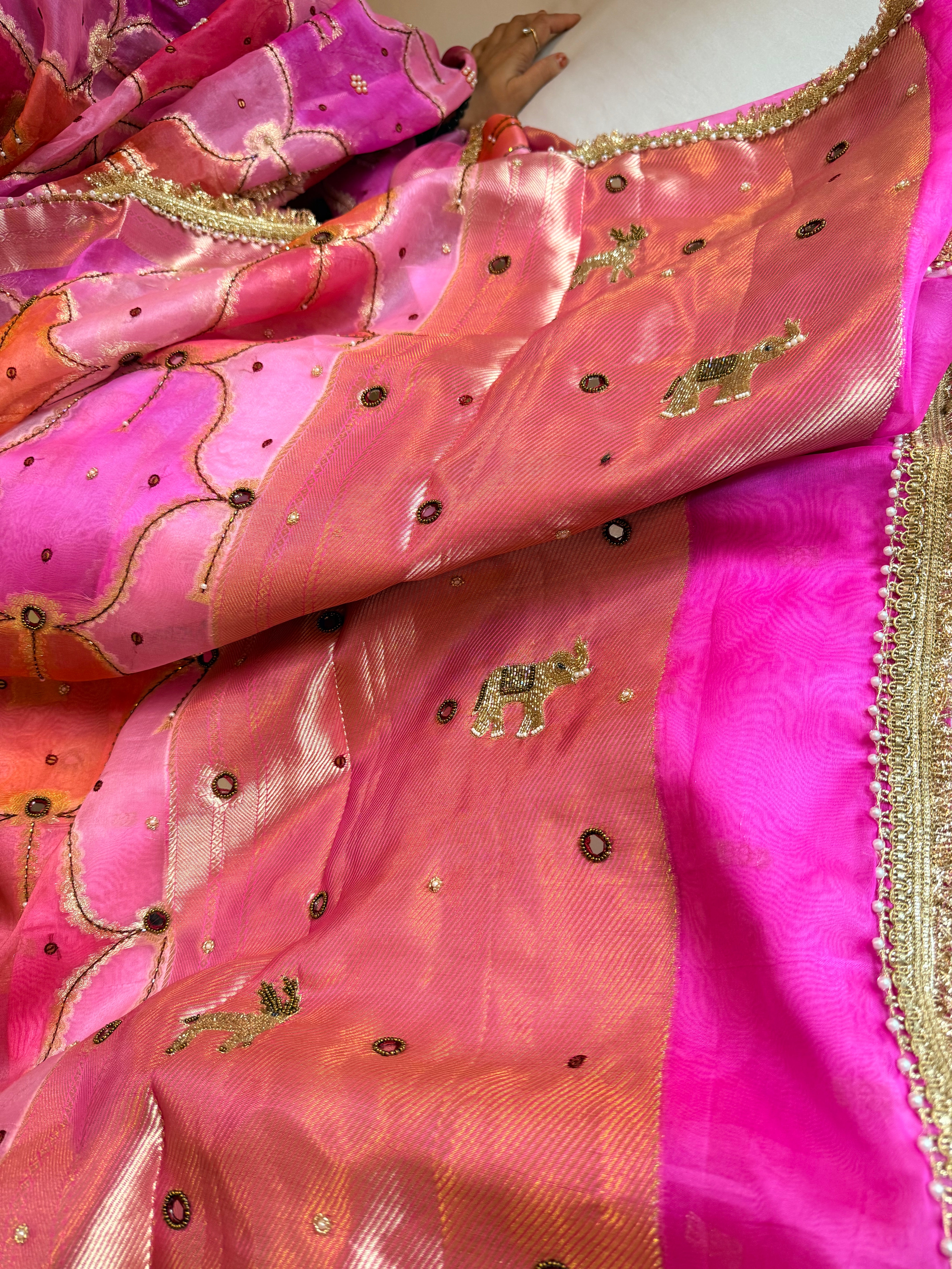 Rakhi edit - Candy pink kora silk rangkaat weaving hand embroidered saree