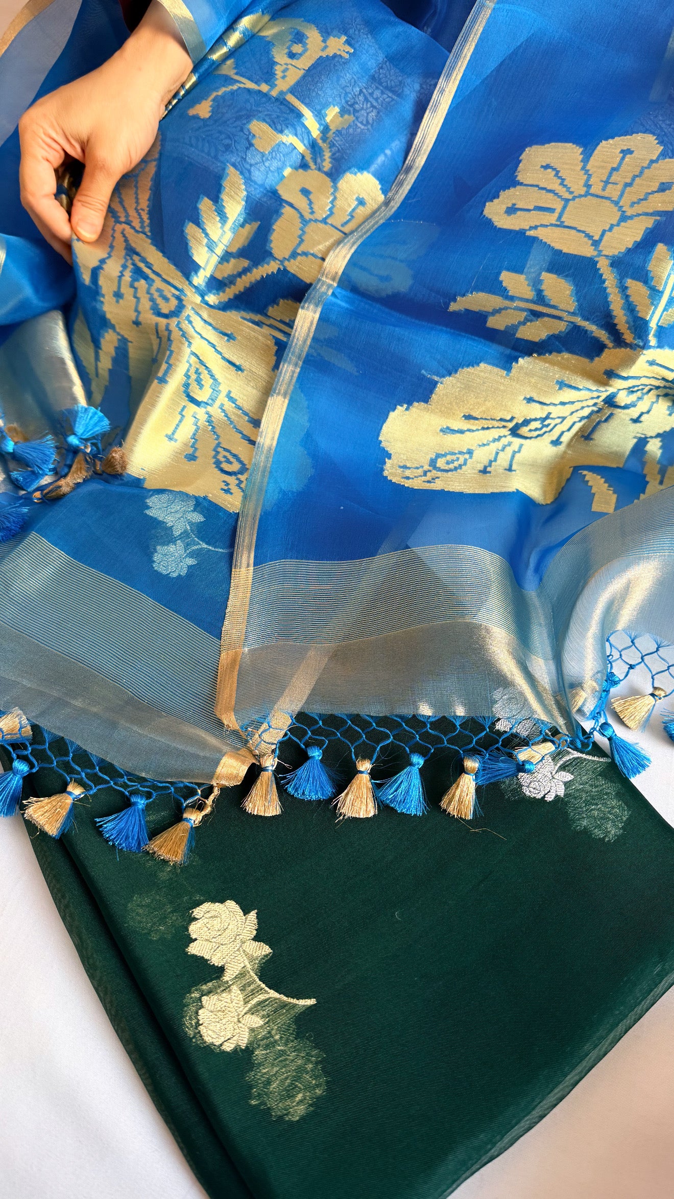 Peacock motif kora silk kadhwa blue-bottle green combination suit set
