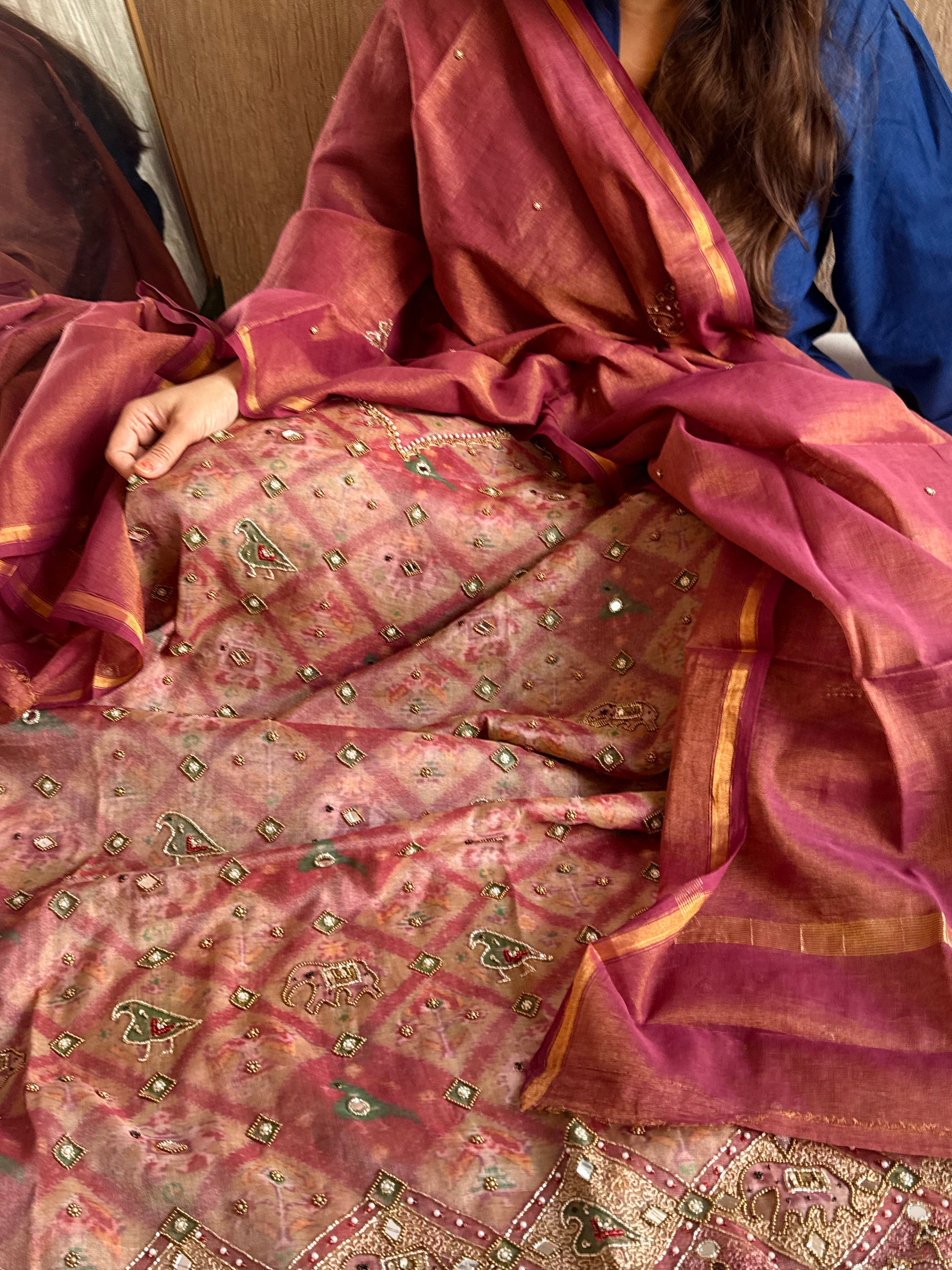 Patola weaving hand embroidered mul cotton tissue suit sets
