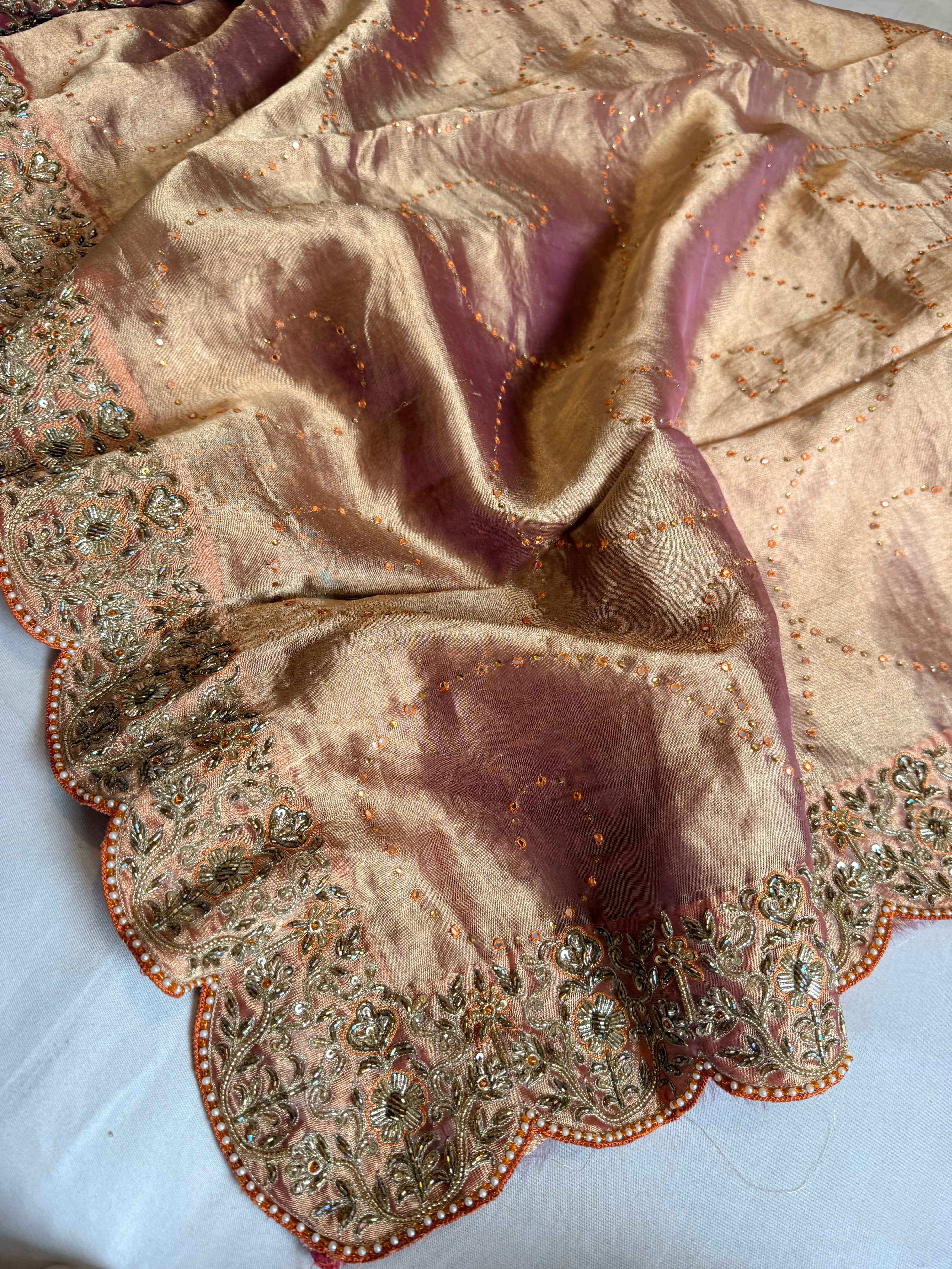 Dulhan wali saree edit lotus pink tissue silk hand embroidered saree
