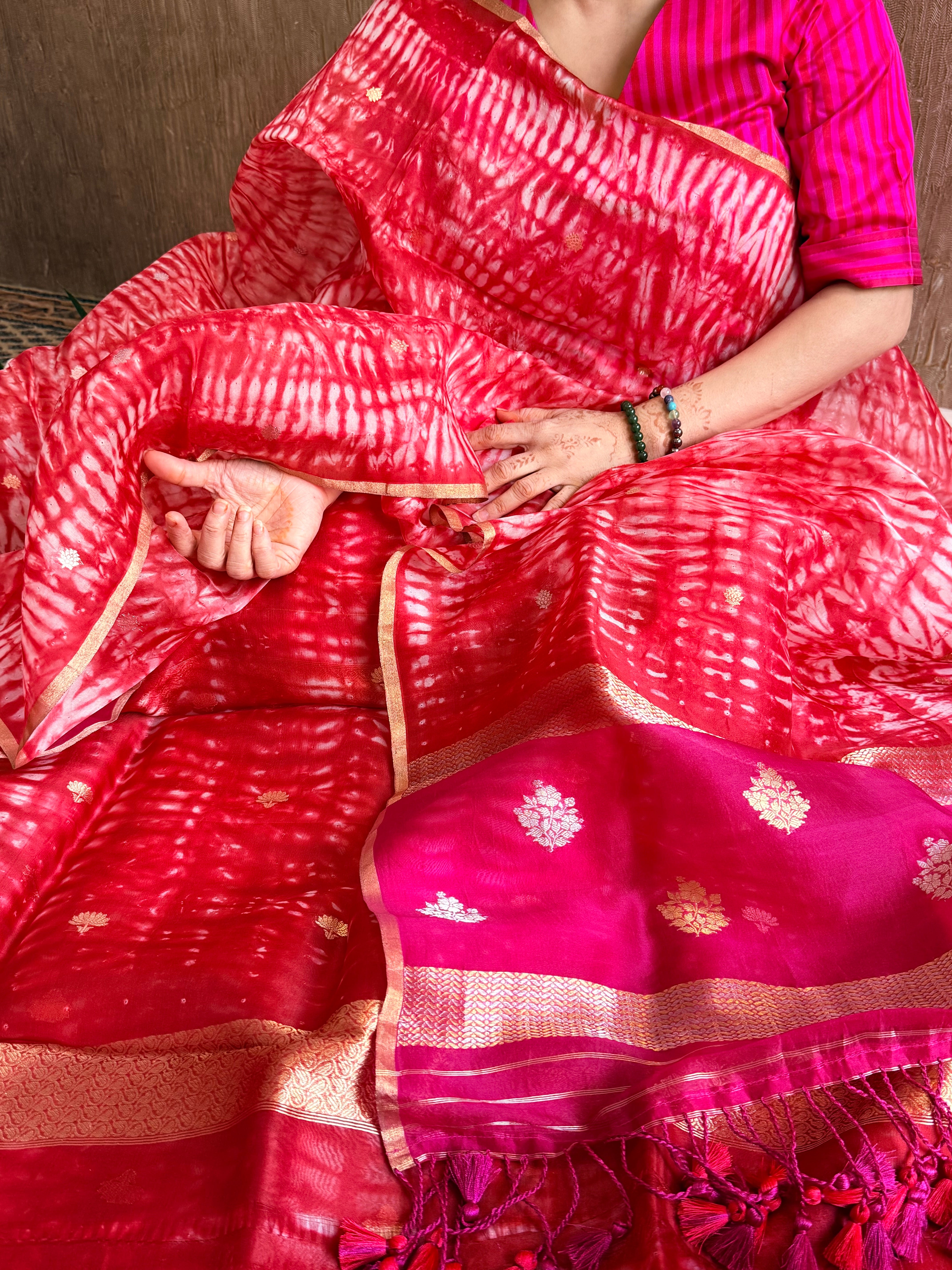 Cherry red banarasi blue kora silk shibori dye kadhwa suit set