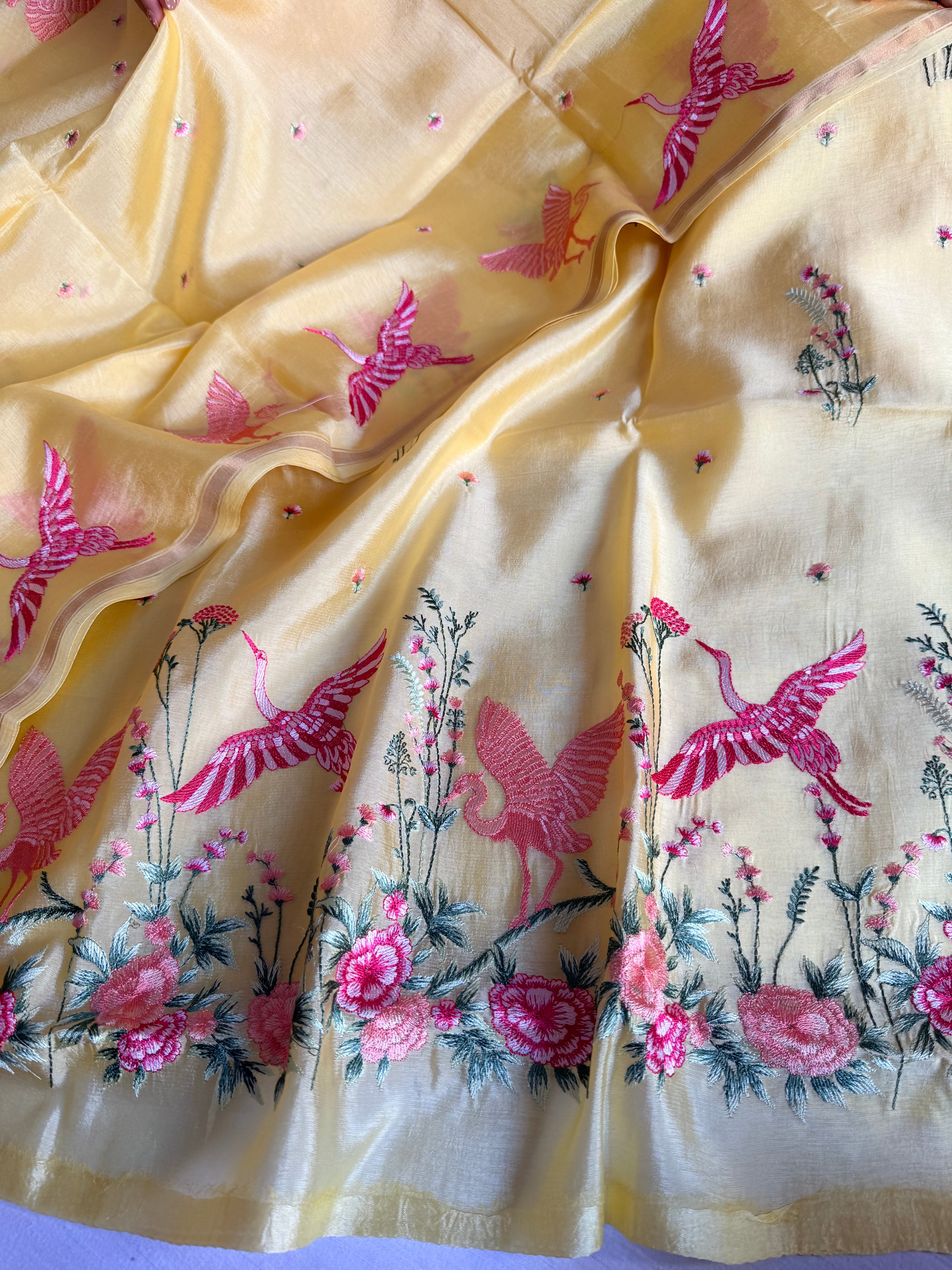 Suits under 10k - Spun chiniya silk parsi gara hand embroidered suit set