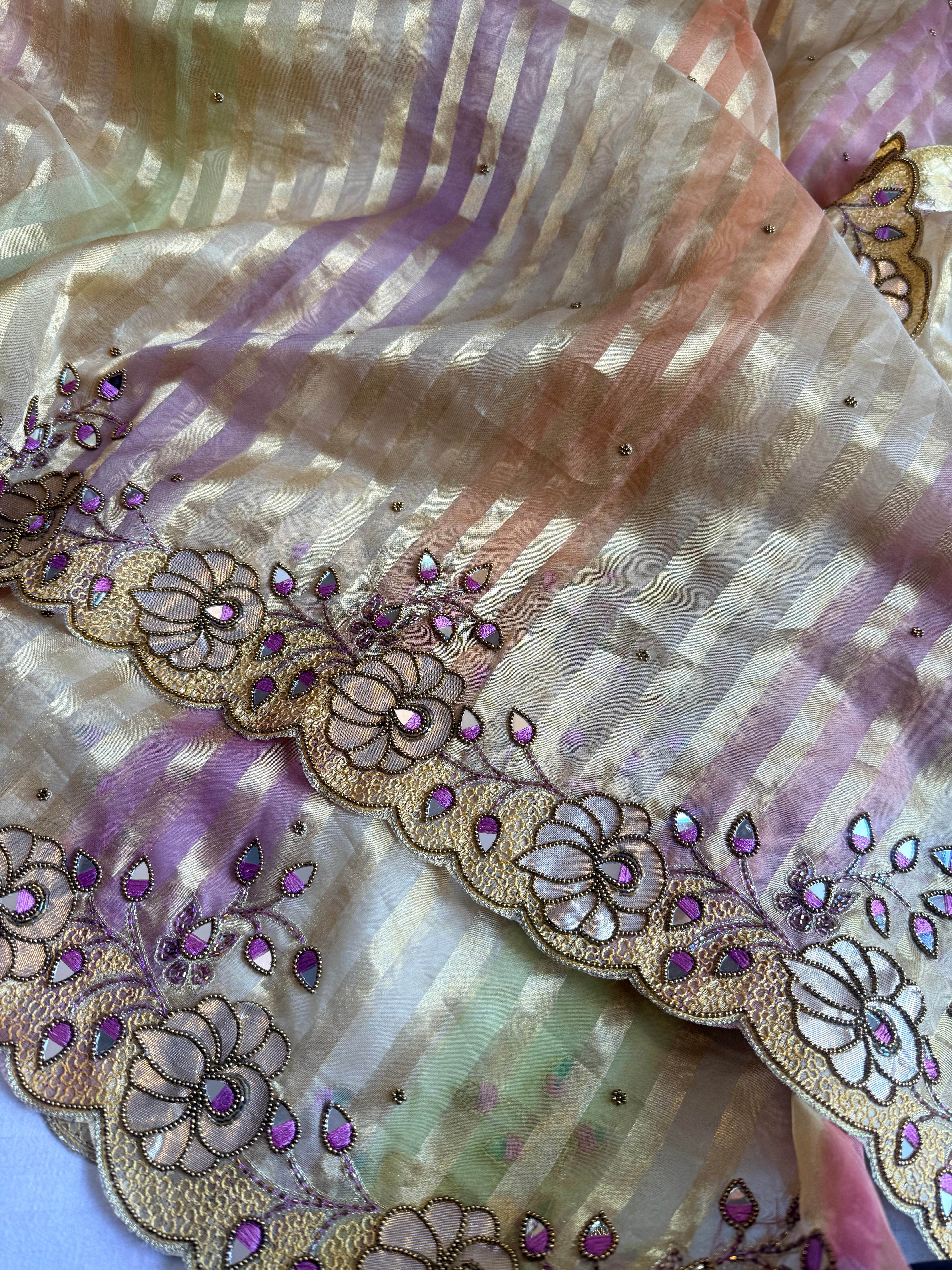 Phool wali rangeen tissue silk striped rangkaat hand embroidered saree