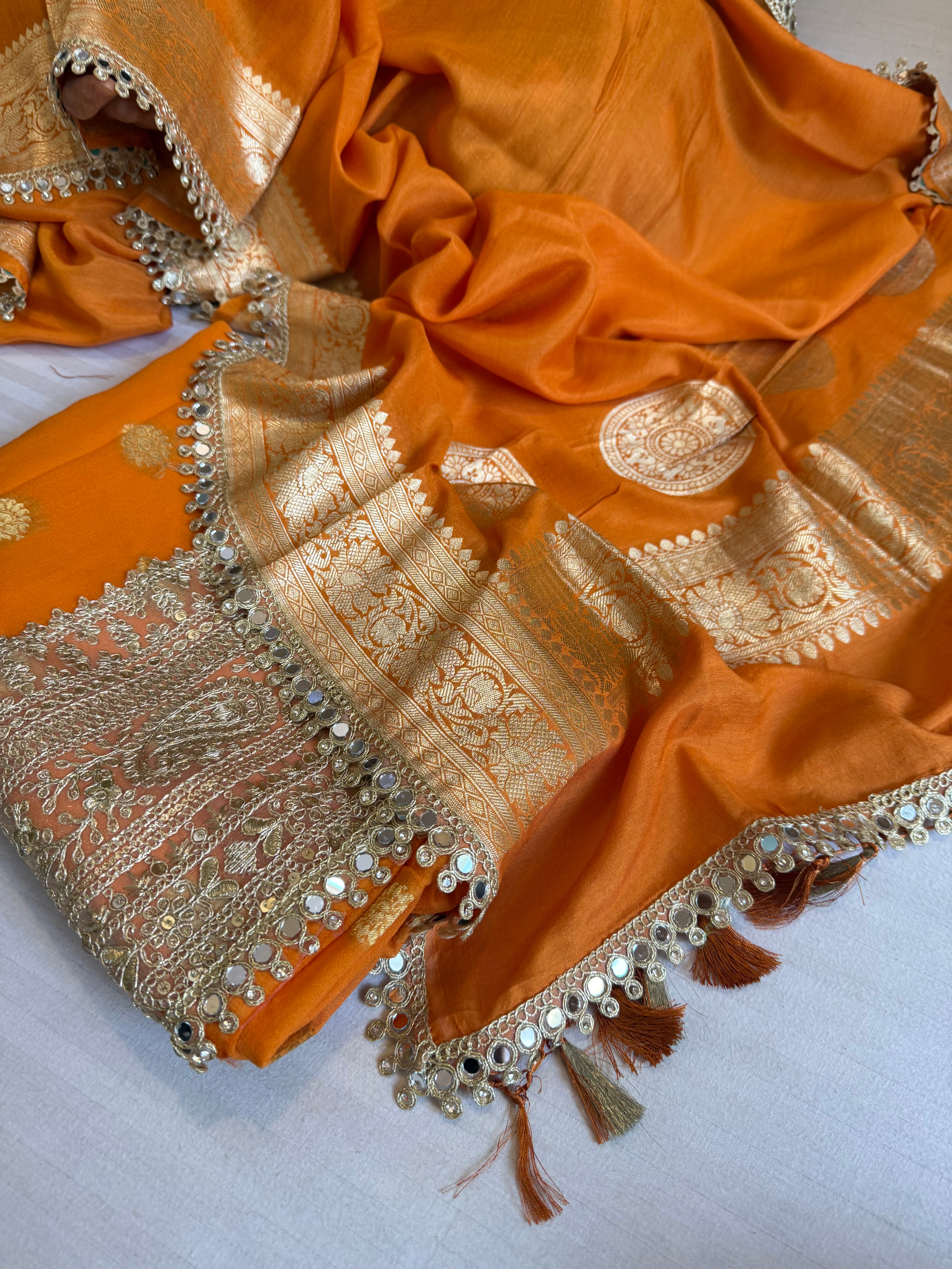 Banarasi mango shade gorgette kadhwa mirror work gotapatti suit set