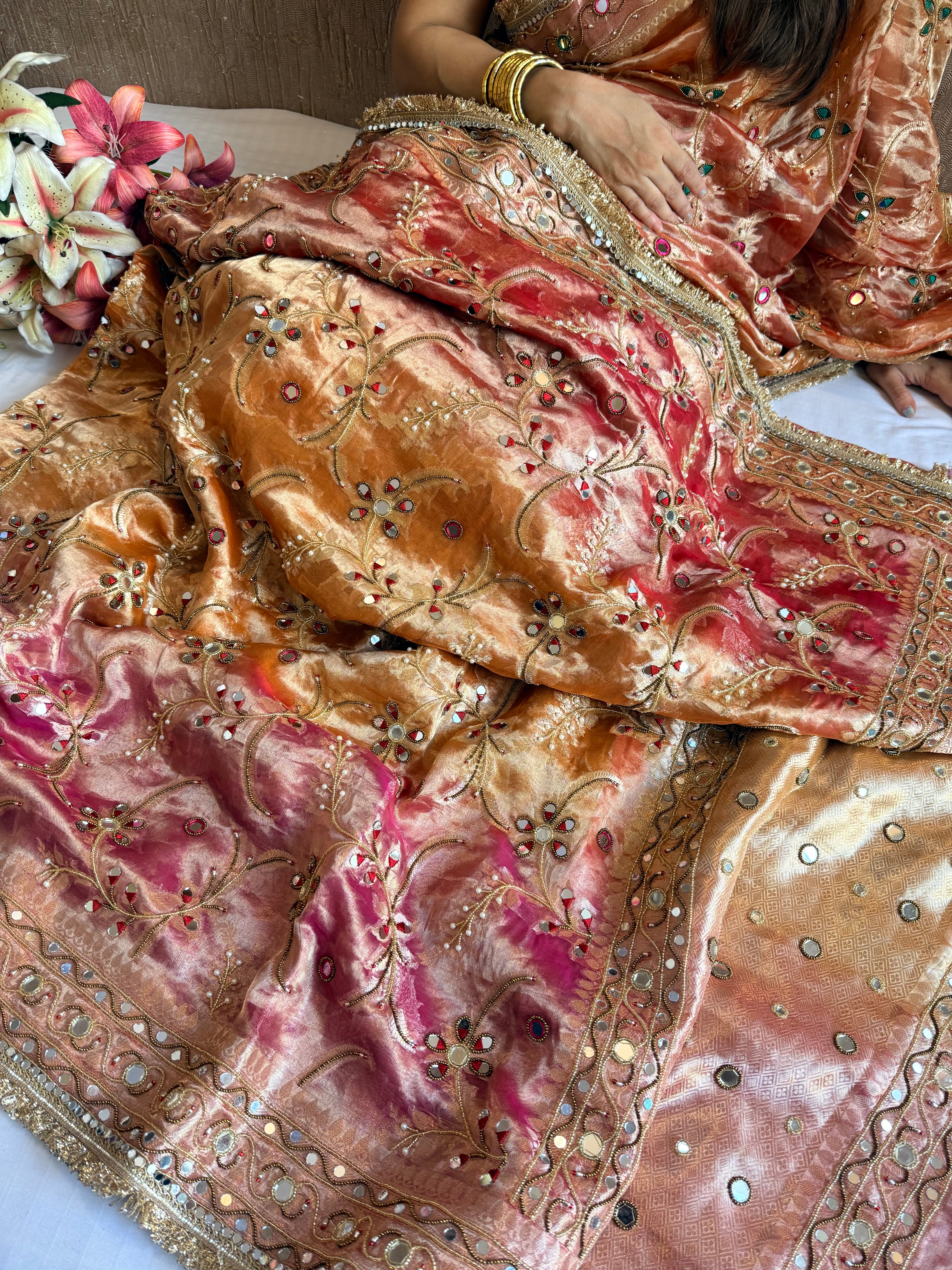 Kumkum edit tissue silk jaalwork hand embroidered saree