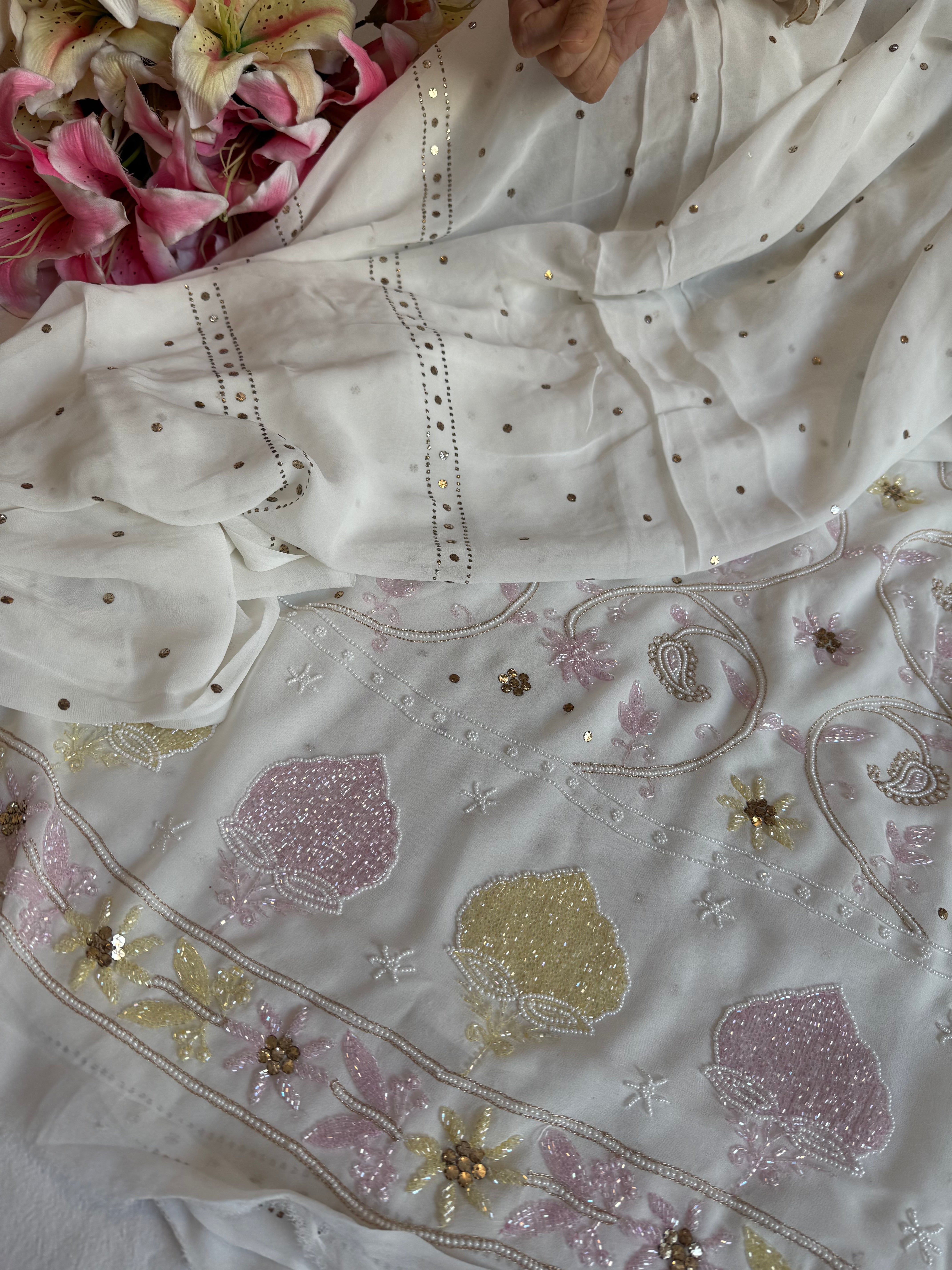 Banarasi gorgette mukaish and pearlwork hand embroidered kadhwa suit sets