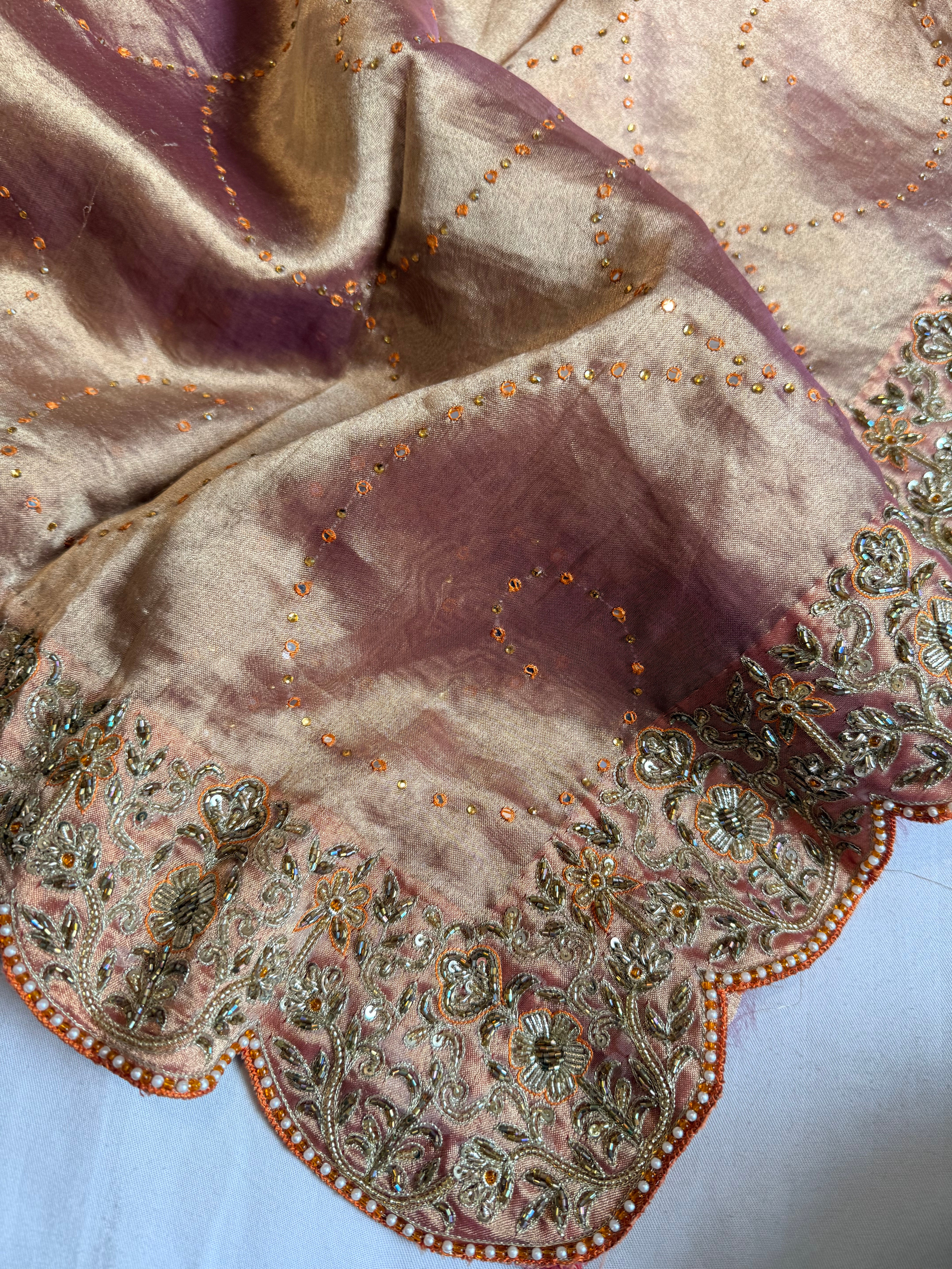 Dulhan wali saree edit lotus pink tissue silk hand embroidered saree