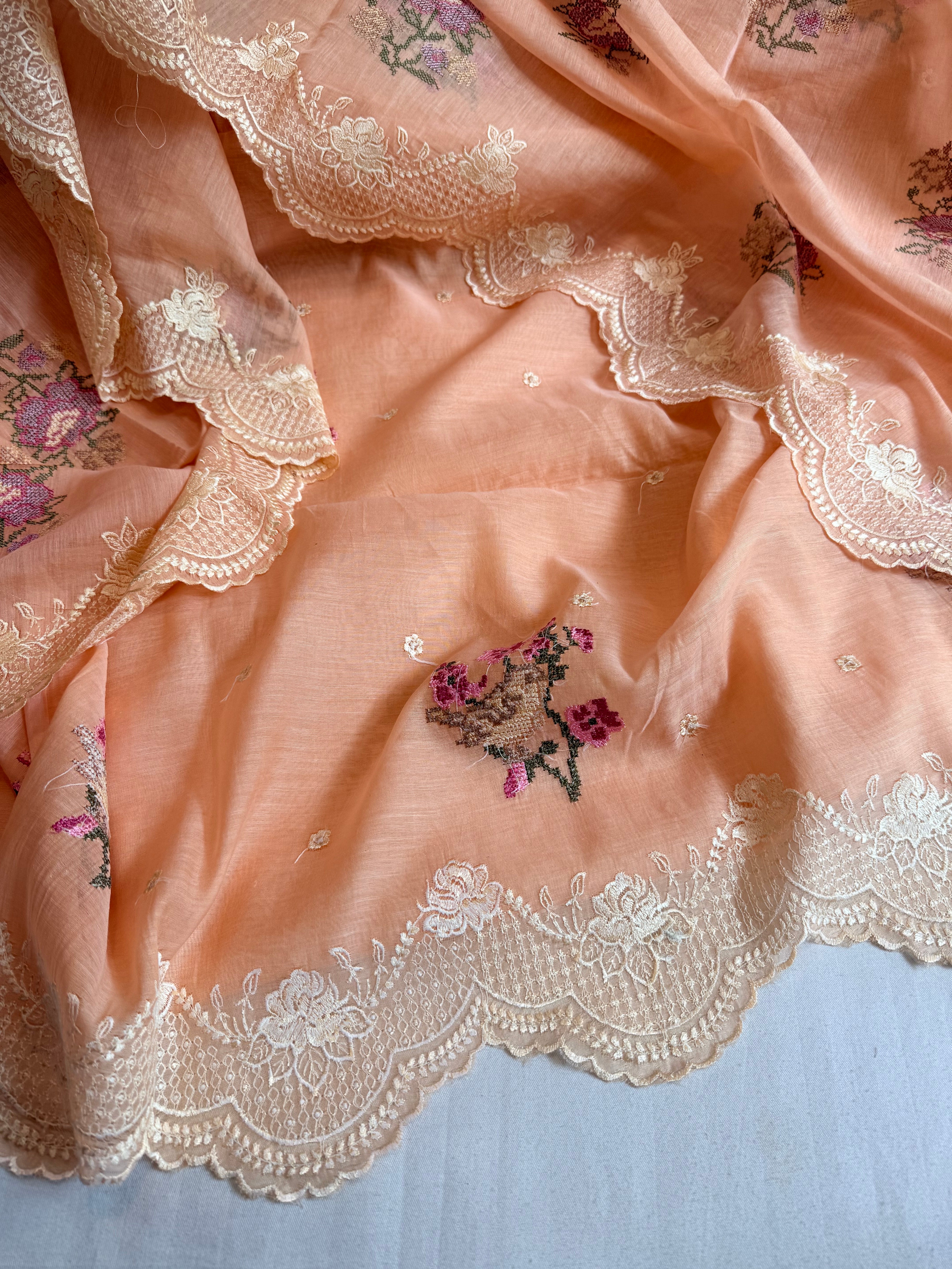 Blush peach cross-stitch hand embroidered resham work suit set