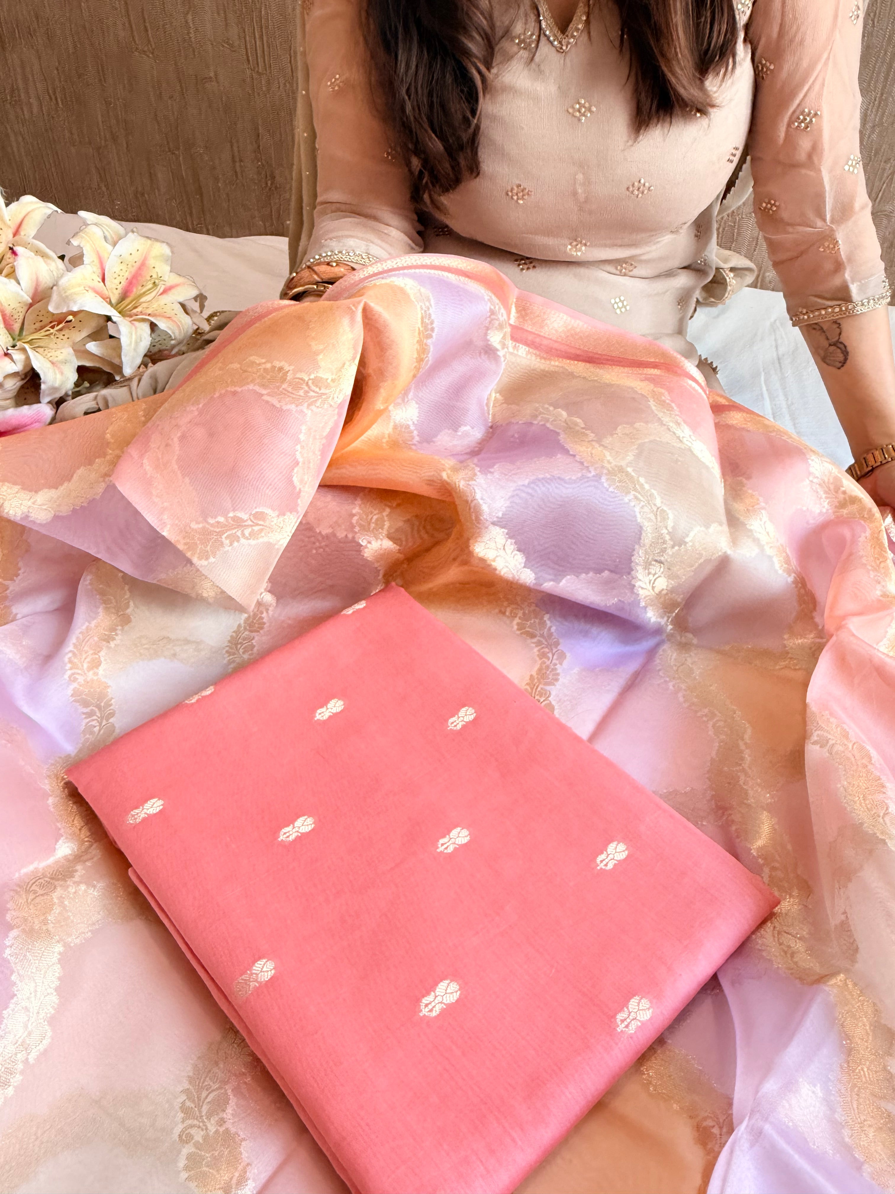 Banarasi chiniya silk kurta paired with candy colours rangkaat kora silk duppata