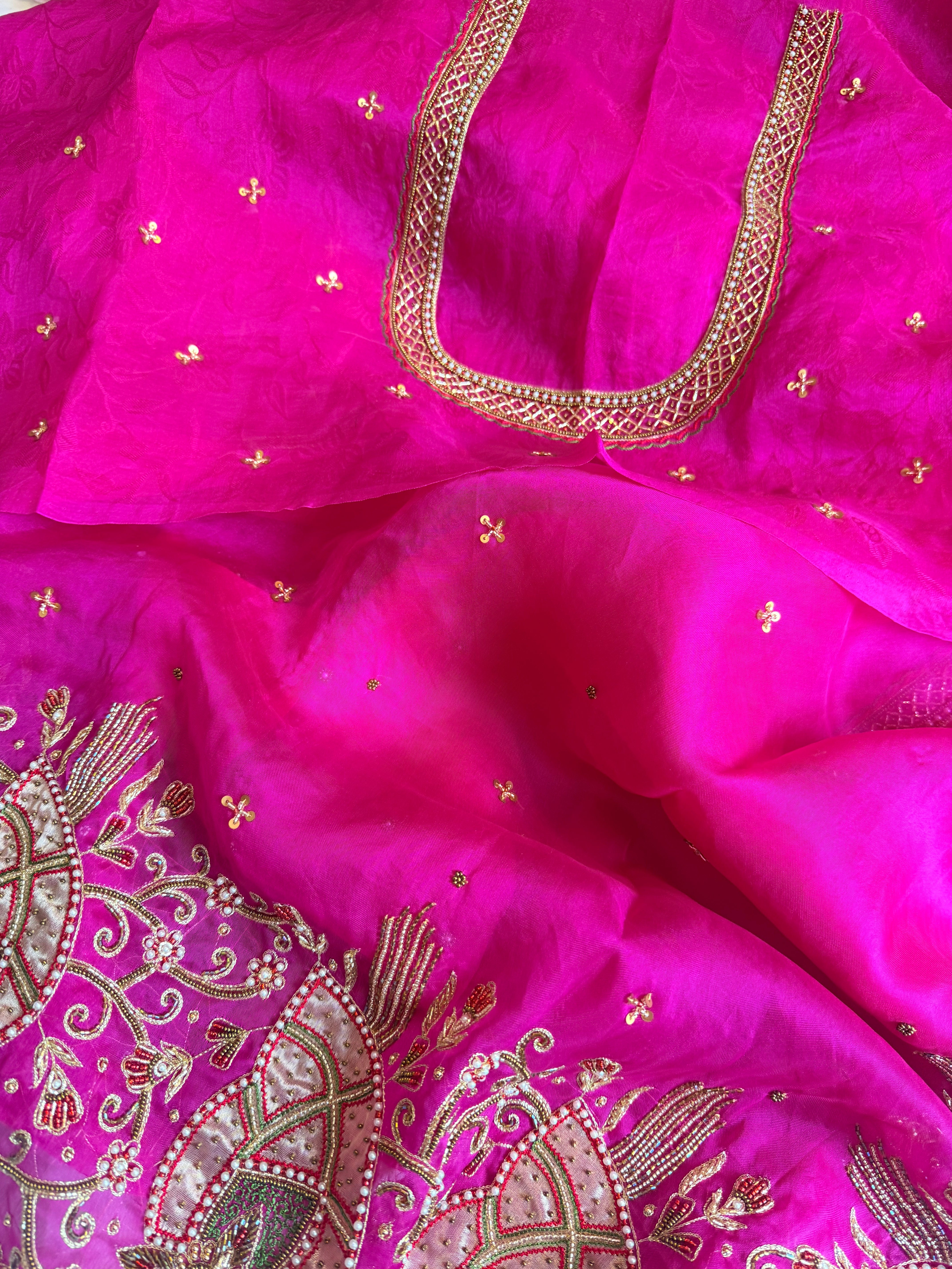 Gulab genda edit - Banarasi Kora silk hot pink hand embroidered saree