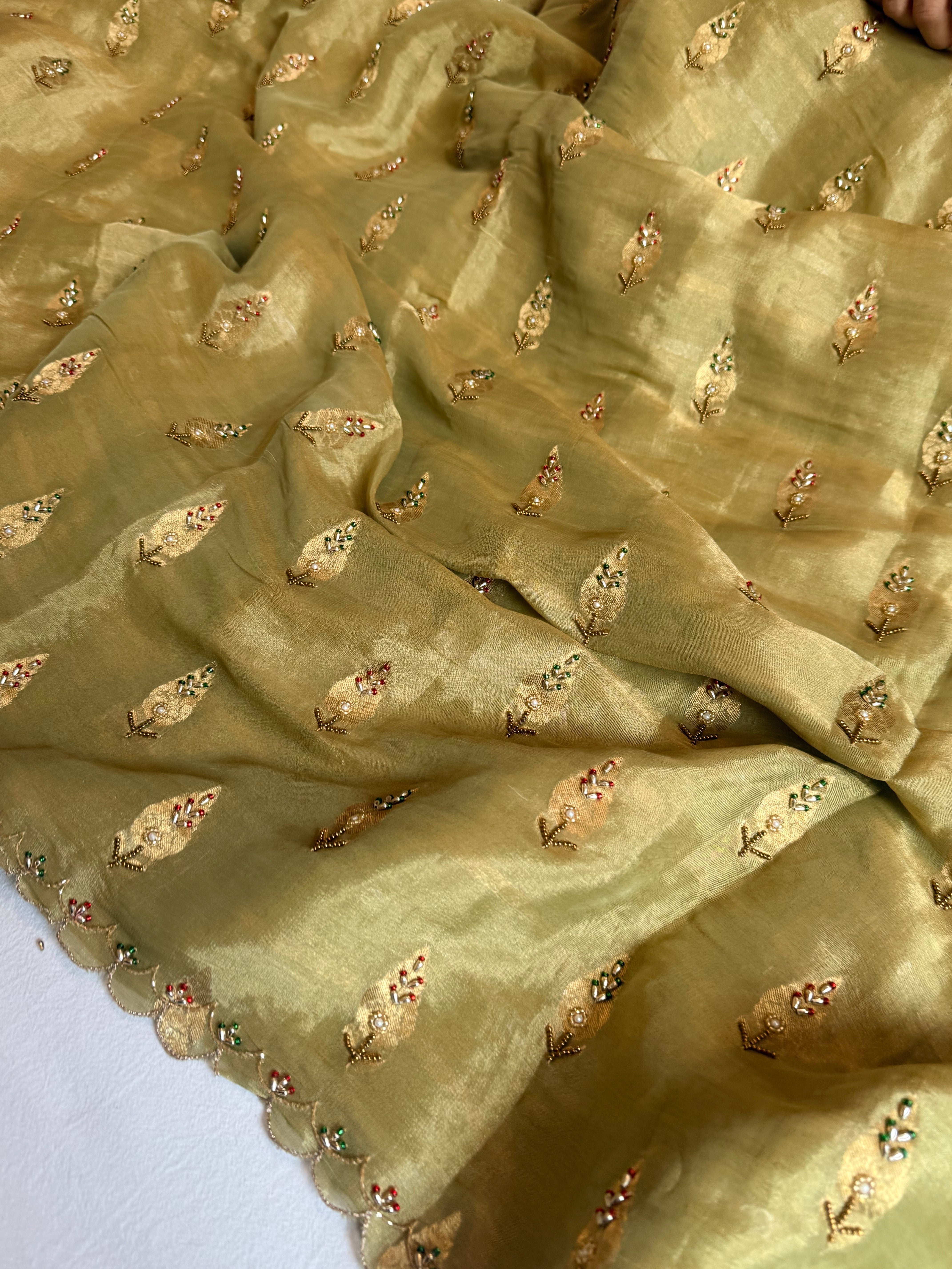 Chiffon tissue gorgette chunri buti hand embroidered kadhwa saree