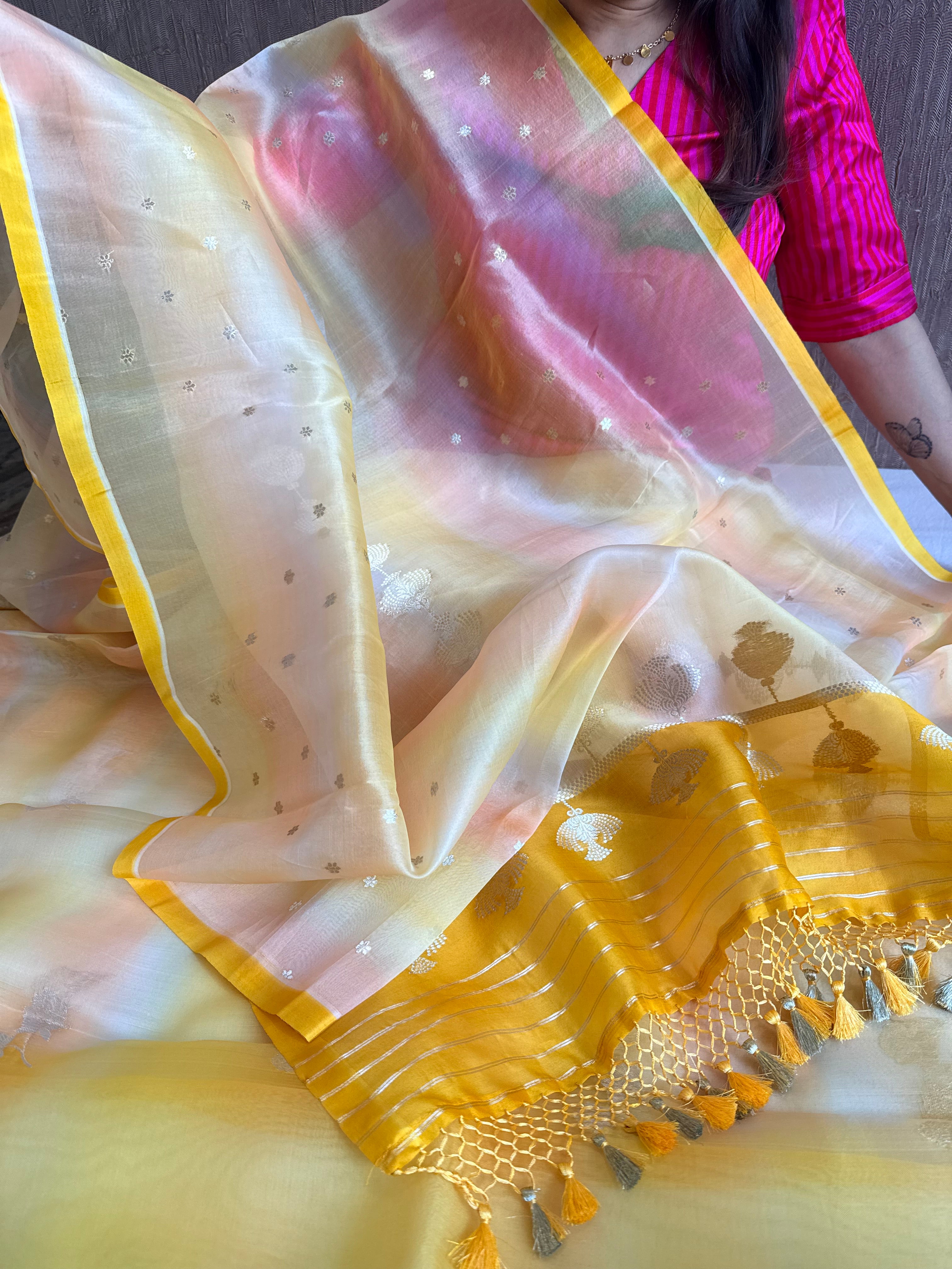 Pastel shaded kora silk rainbow dye kadhwa banarasi suit set