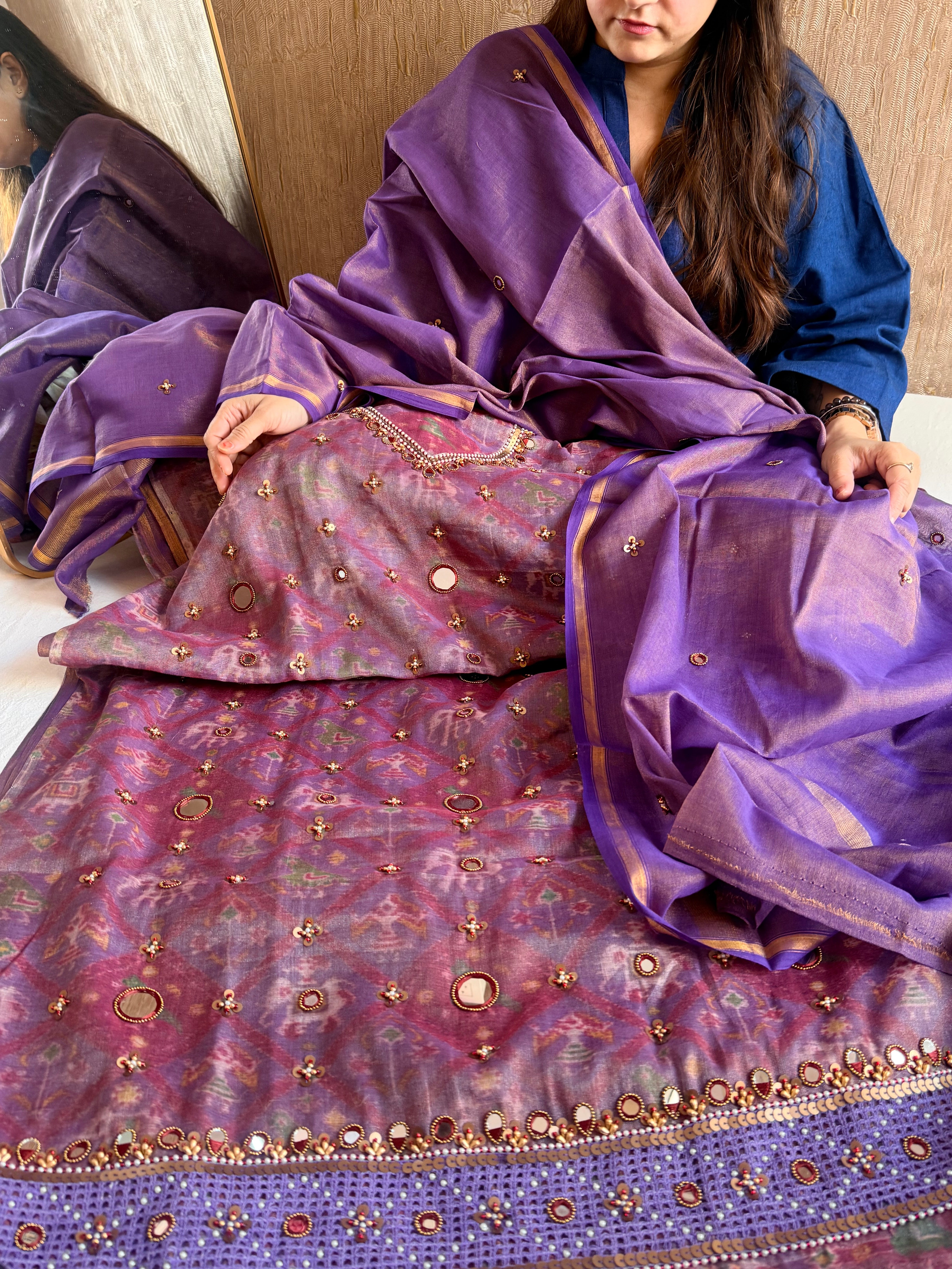 Patola weaving hand embroidered mul cotton tissue suit sets