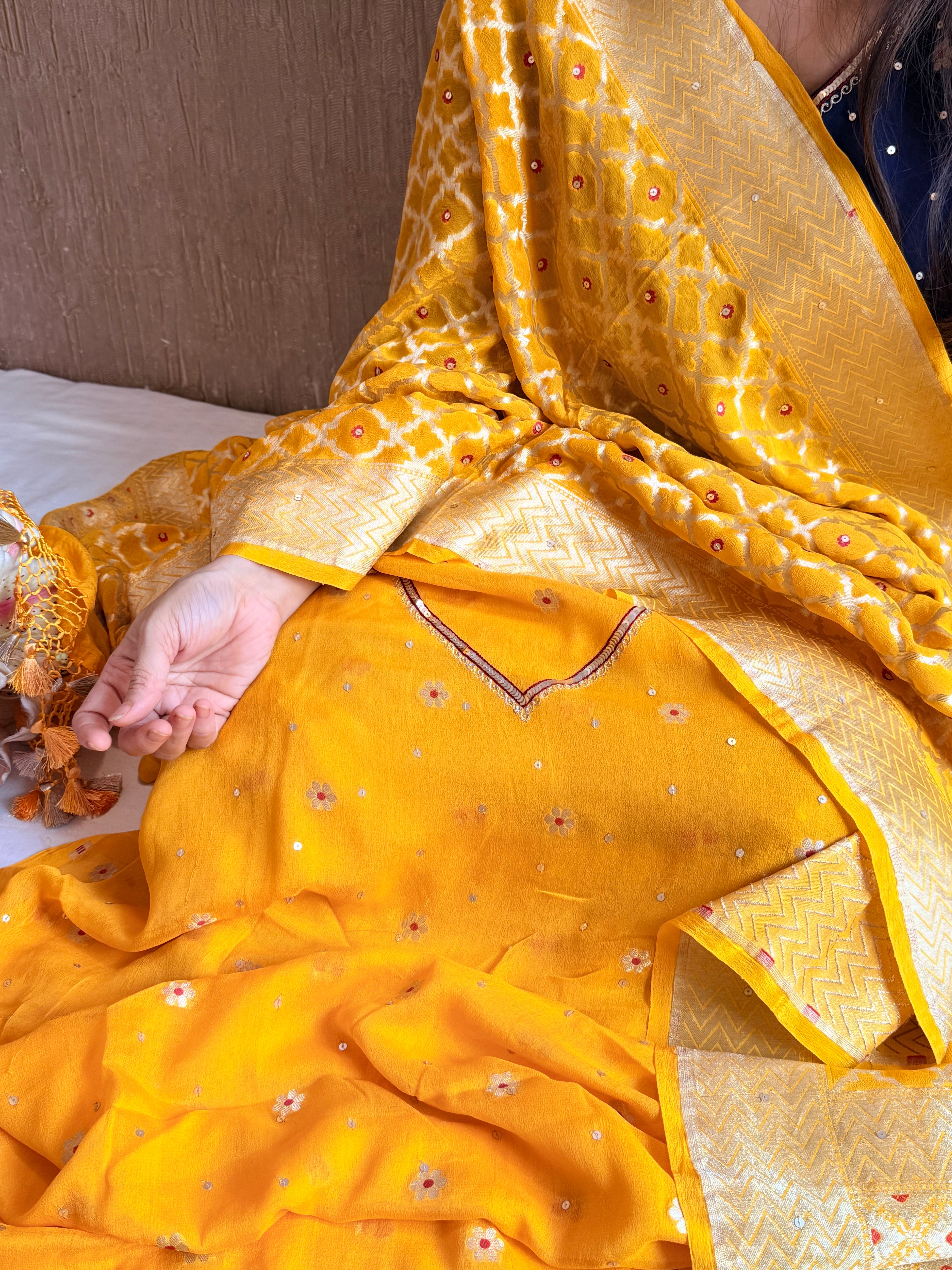 Haldi yellow salma sitara chiffon gorgette hand embroidered suit set