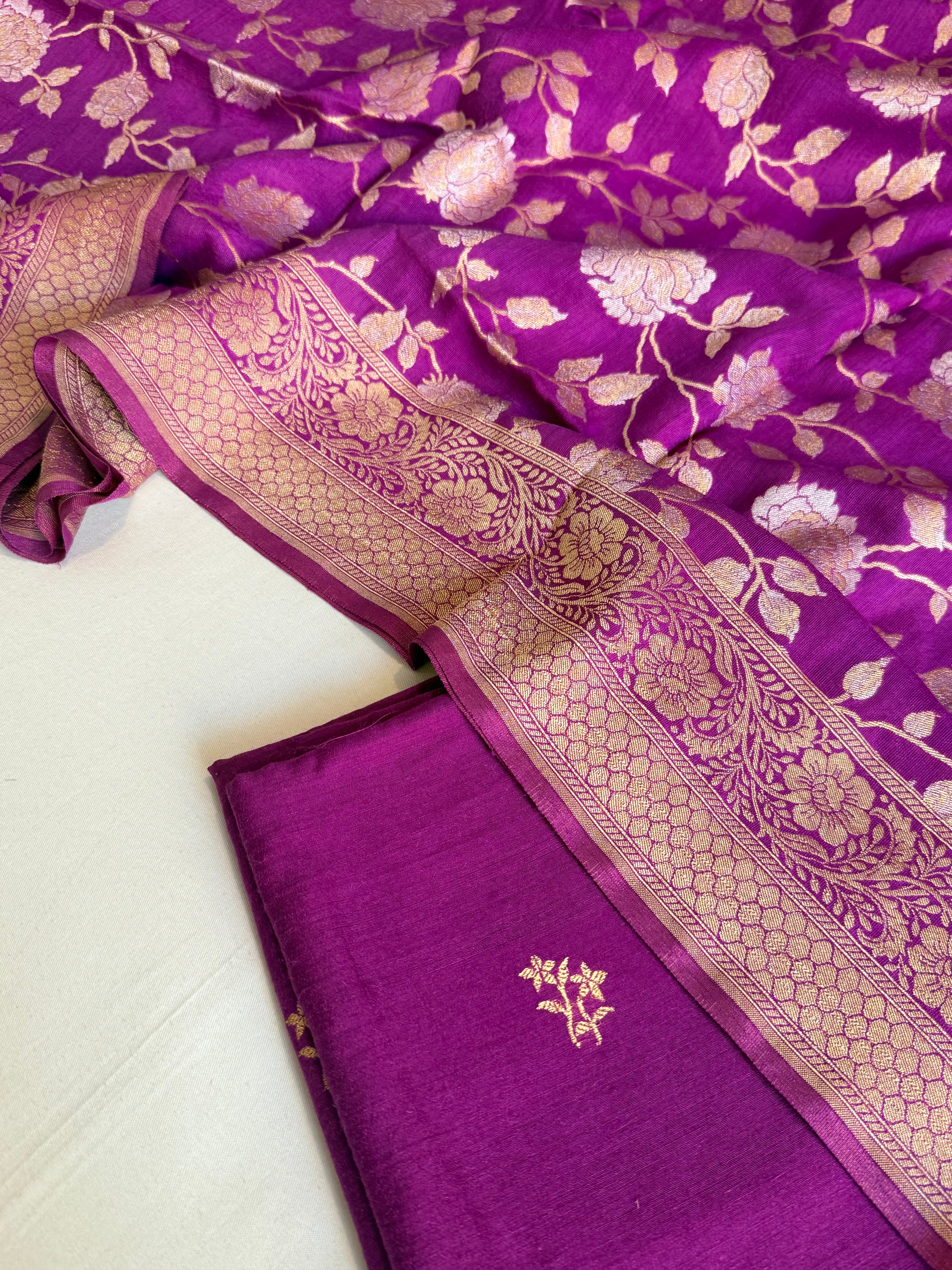 Moonga silk bright purple kadhwa buti jungla duppata suit set