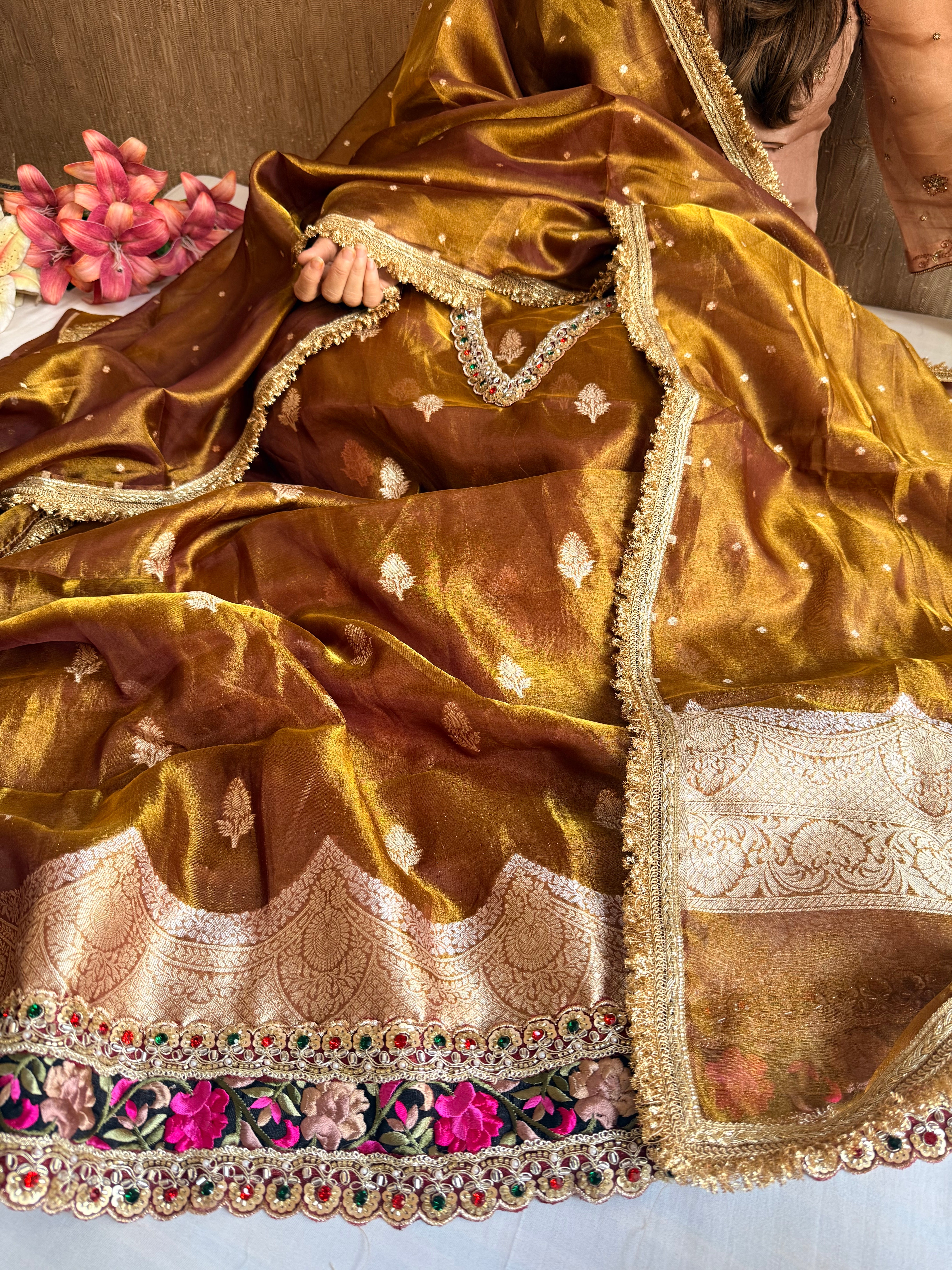 Navratna molten gold tissue silk kadhwa buti hand embroidered suit sets