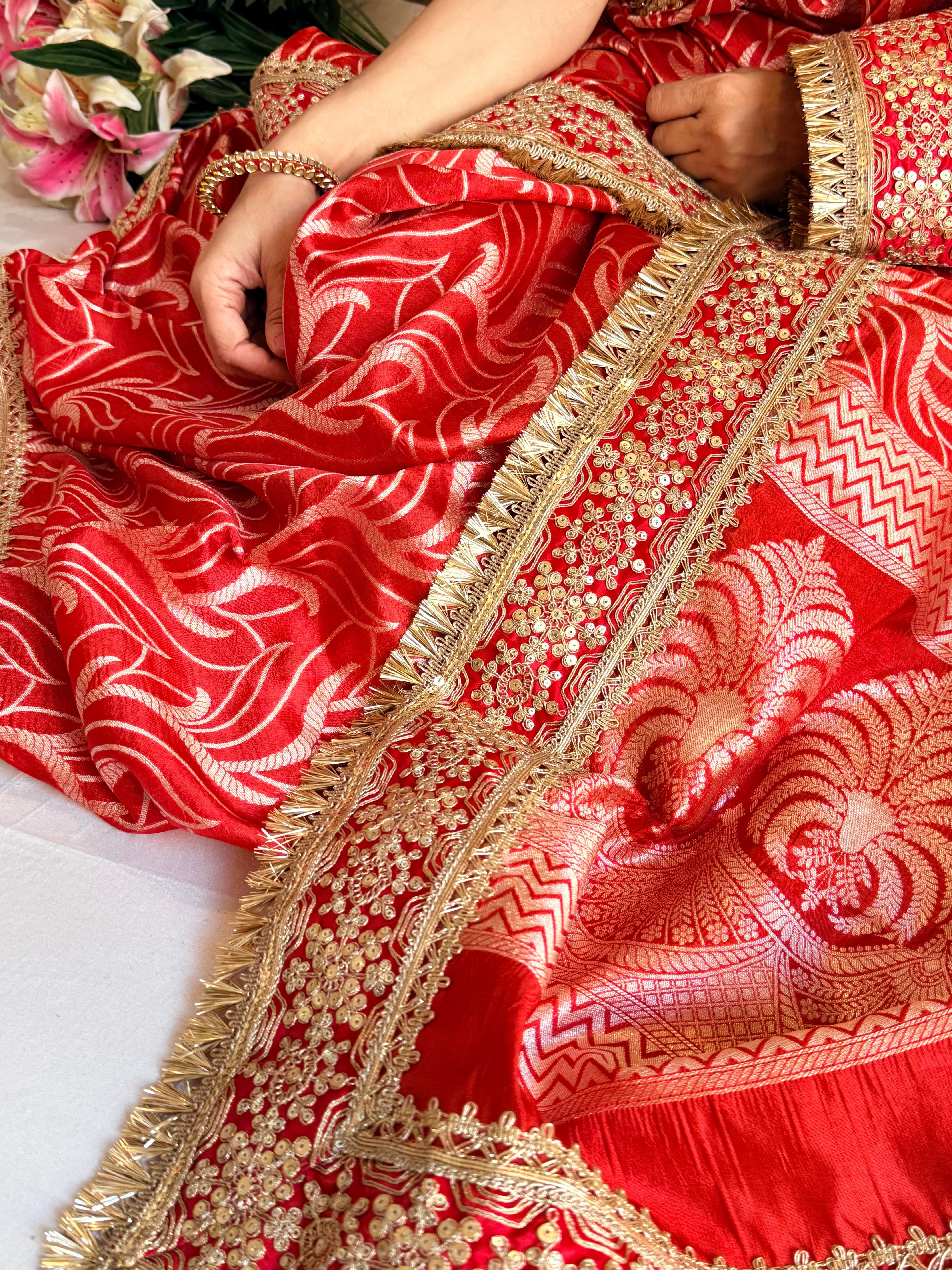 Bridal red raw mango soft silk tissue silk abstract weaving saree