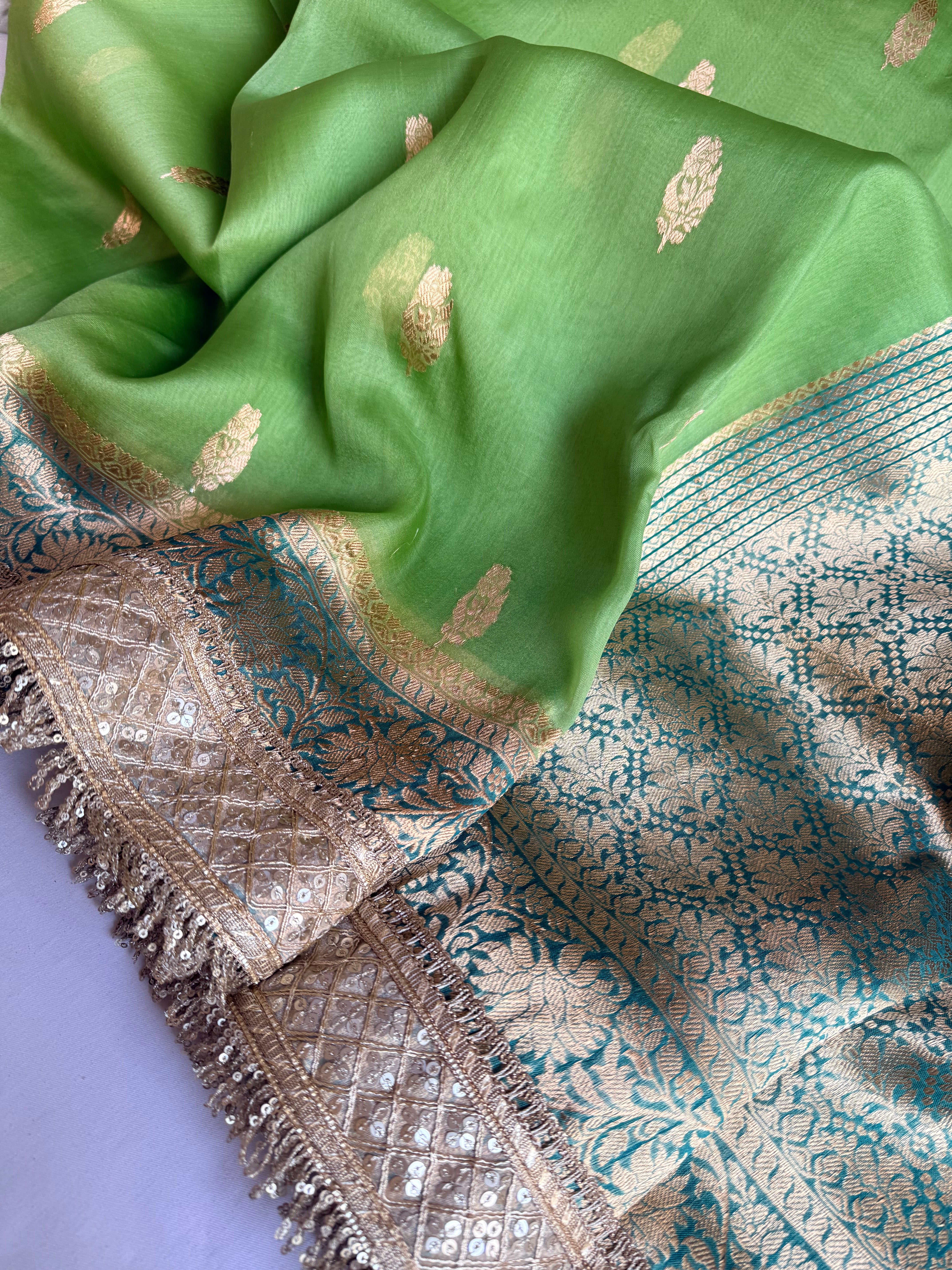 Banarasi leela parrot green-teal combination kora silk saree