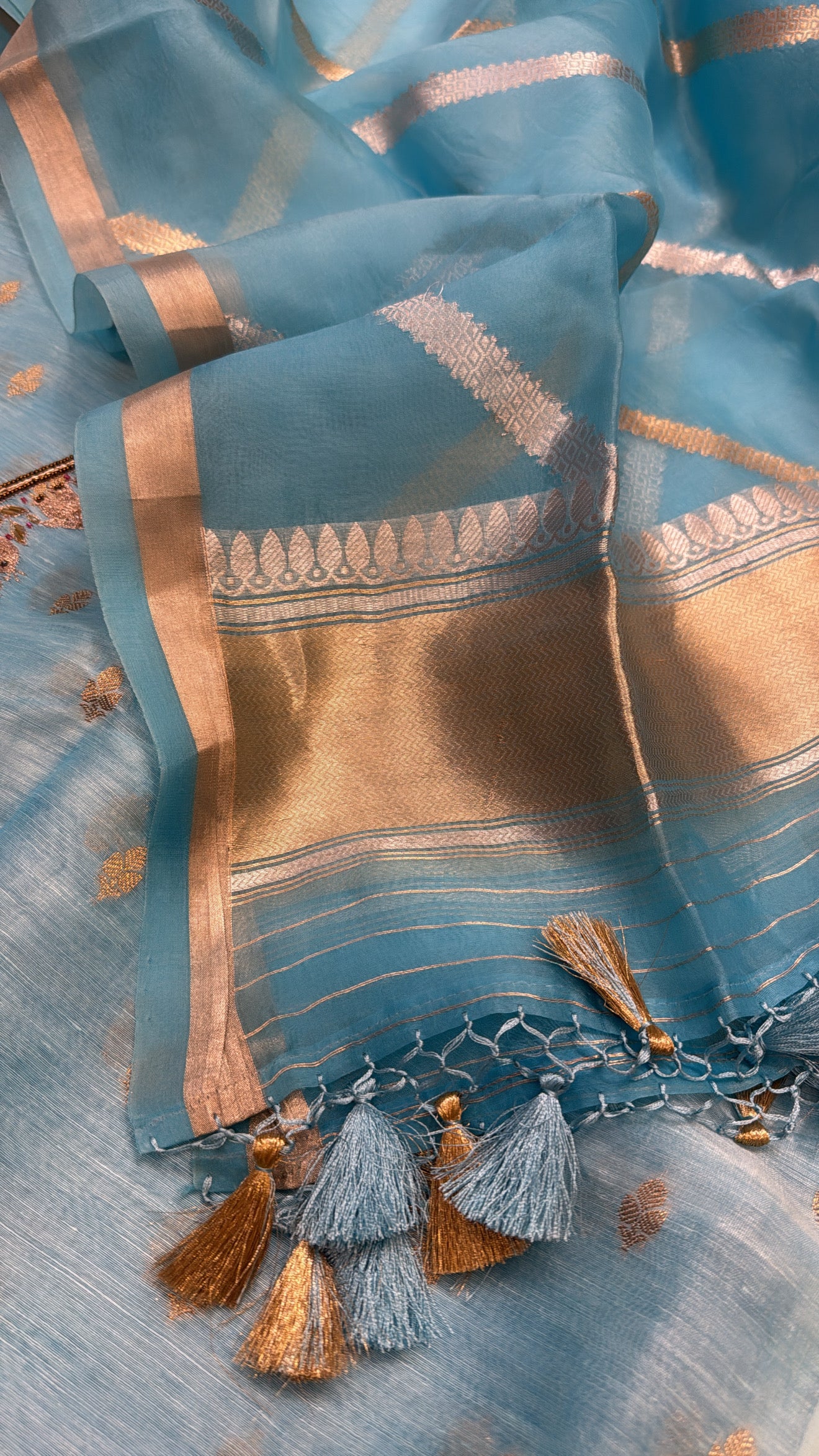 Sky blue linen gorgette hand embroidered kurta paired with kora silk duppata set
