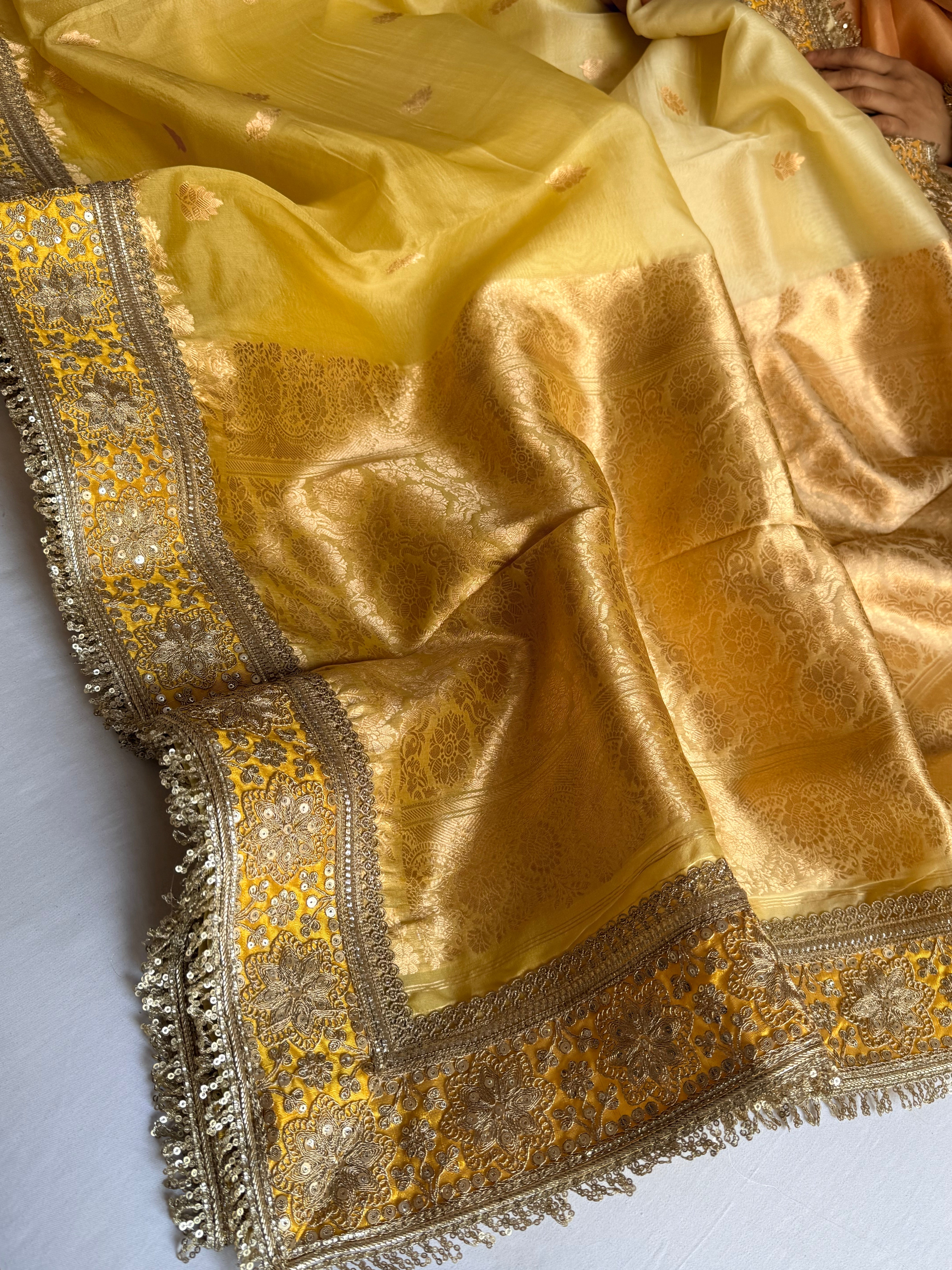 Banarasi butter yellow kora silk ombré shaded kadhwa saree