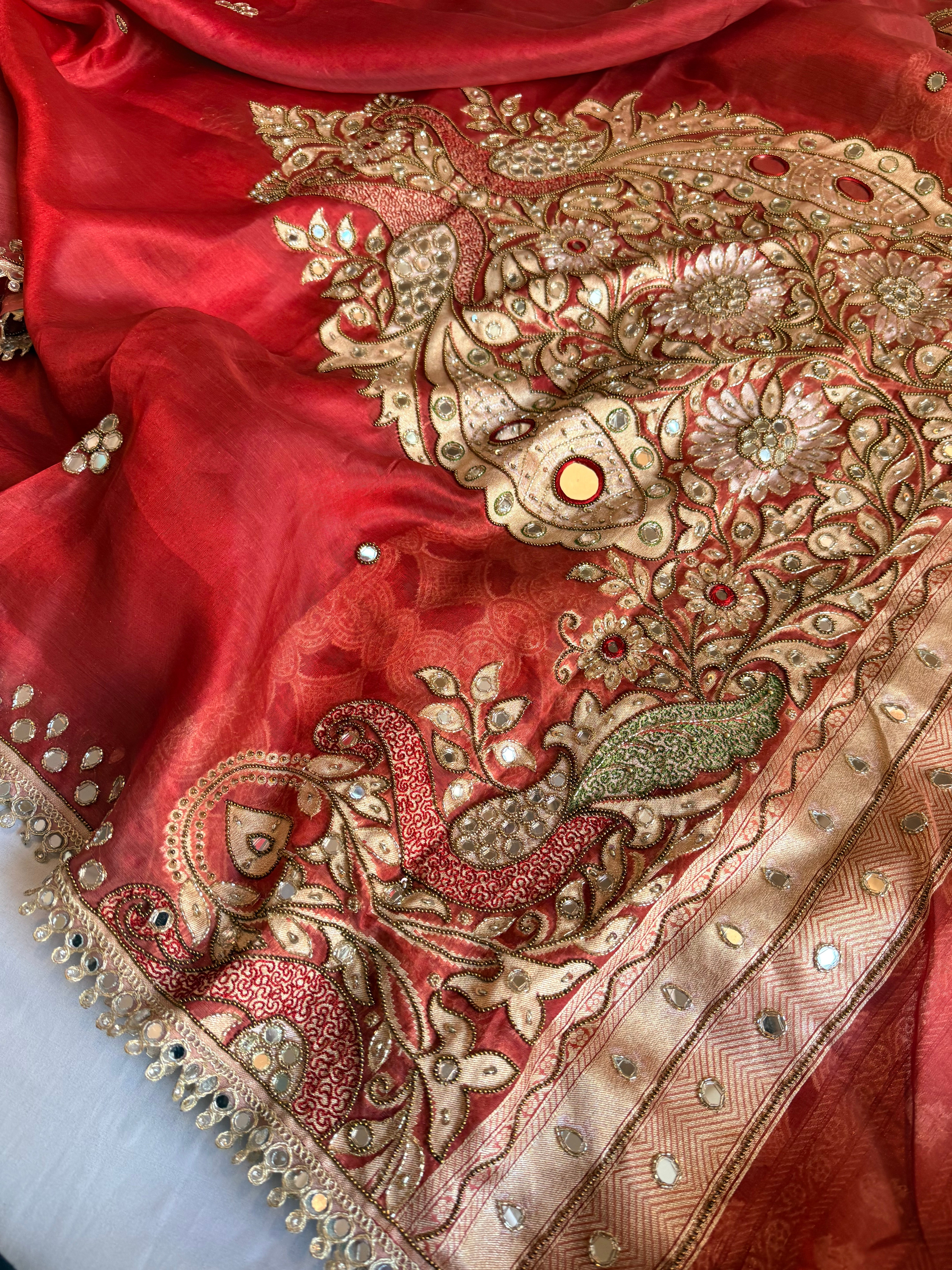 Dhup chao effect tissue silk mirrorwork hand embroidered paithani pallu kadhwa saree