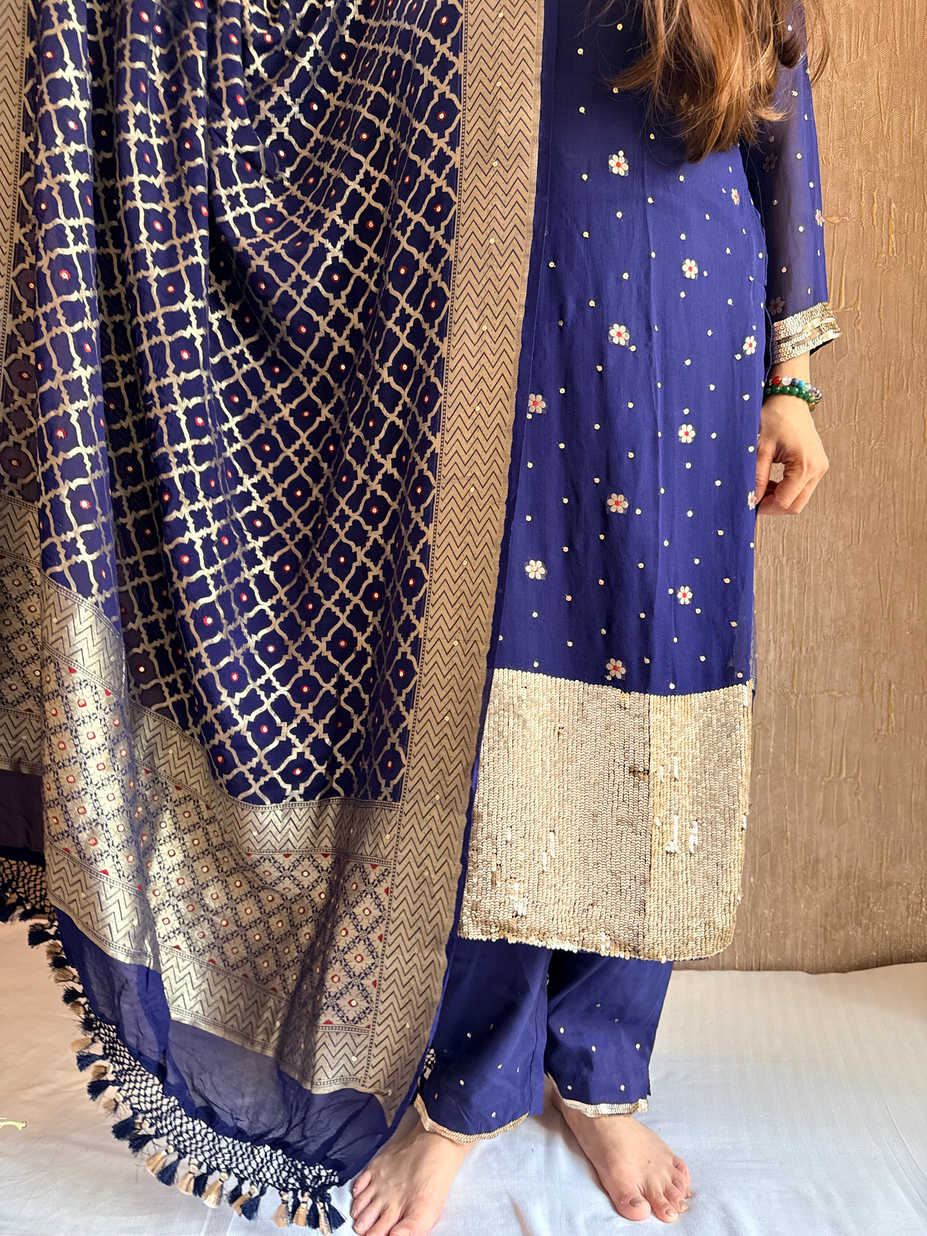 Navy blue salma sitara chiffon gorgette hand embroidered suit set ( STITCHED SIZE - M to L)