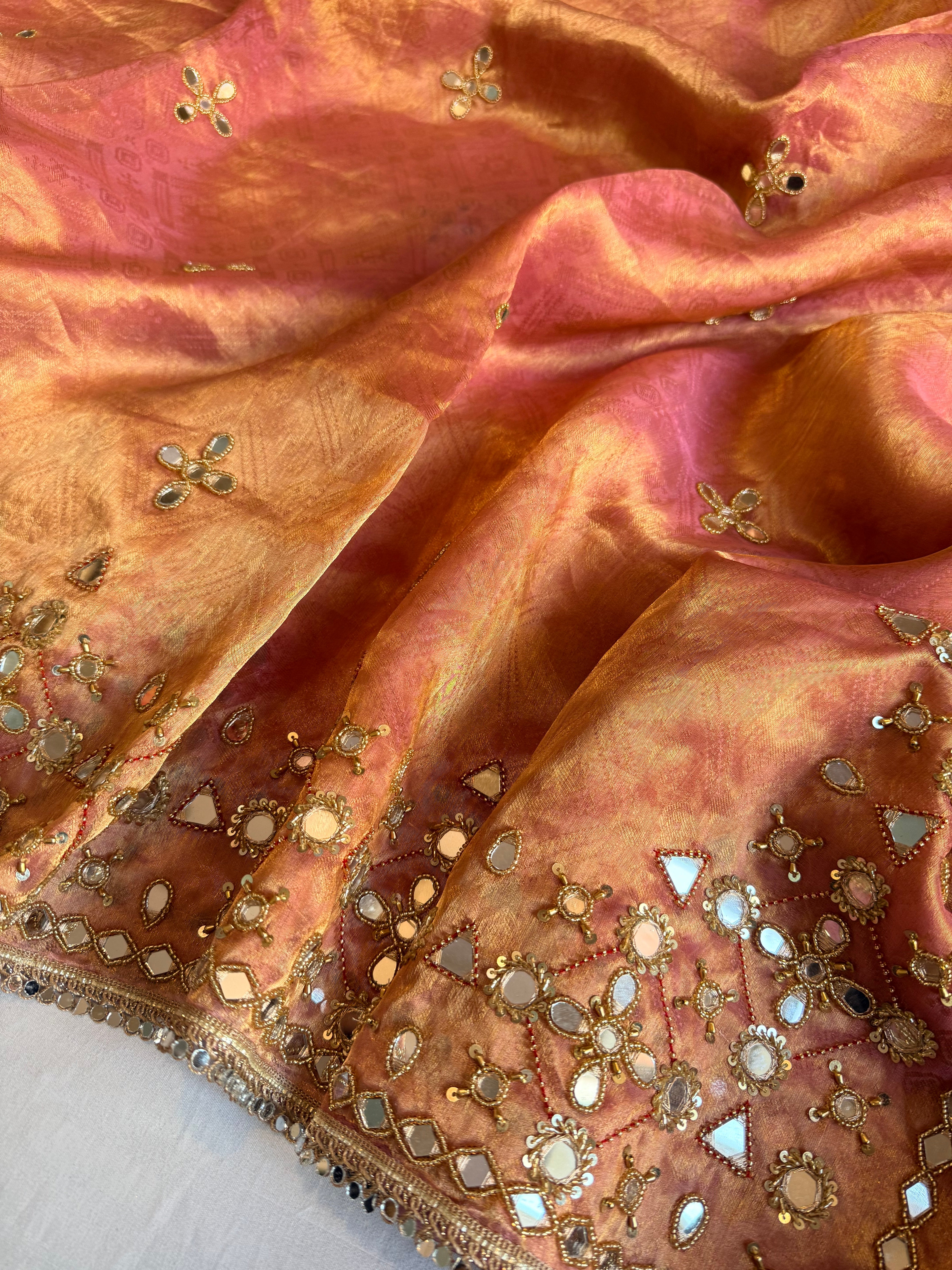 Dhup chao effect gulabi pink tanchui tissue silk mirrorwork hand embroidered kadhwa saree