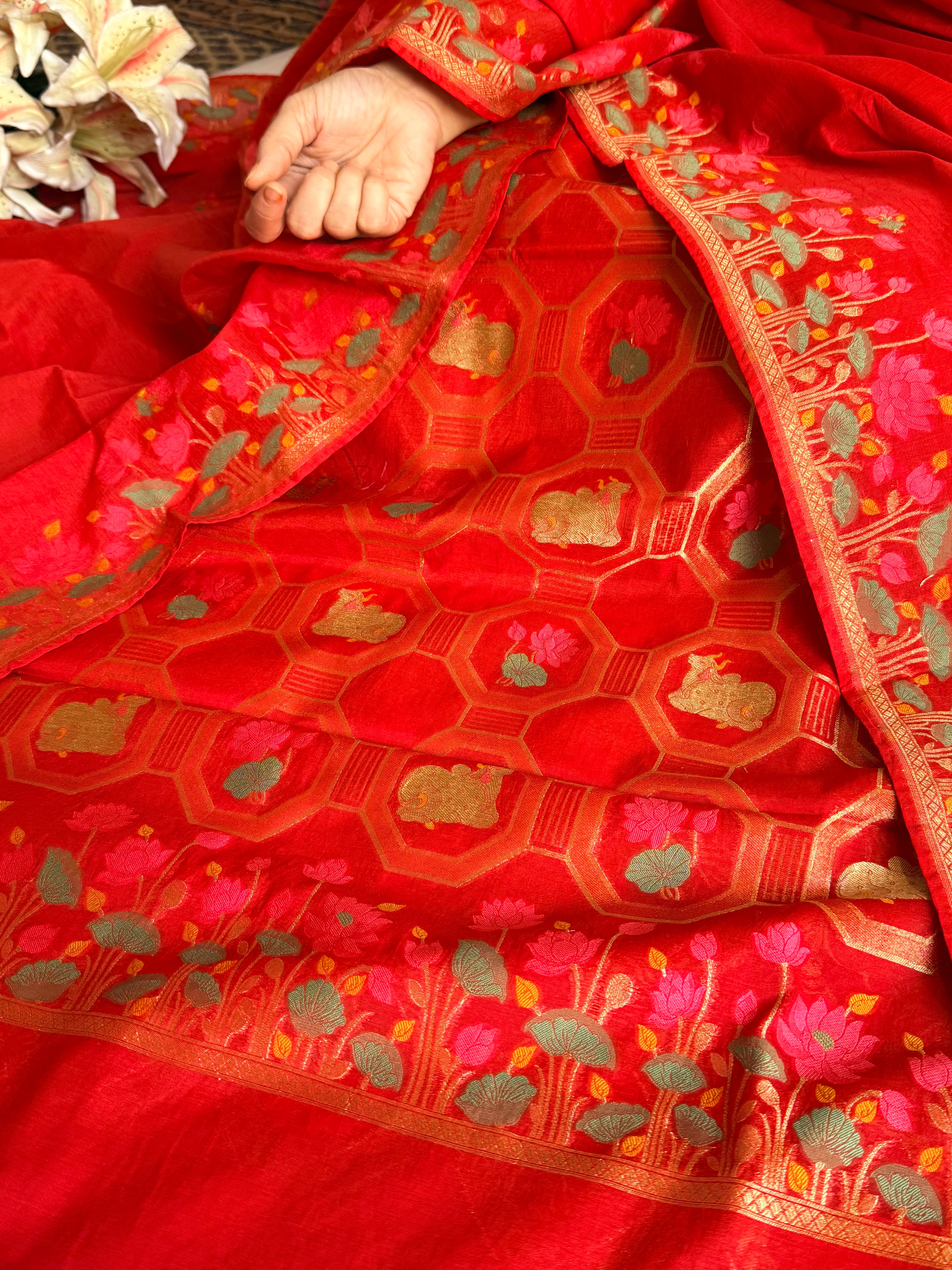 Mul cotton banarasi meenakari nandu motif suit sets