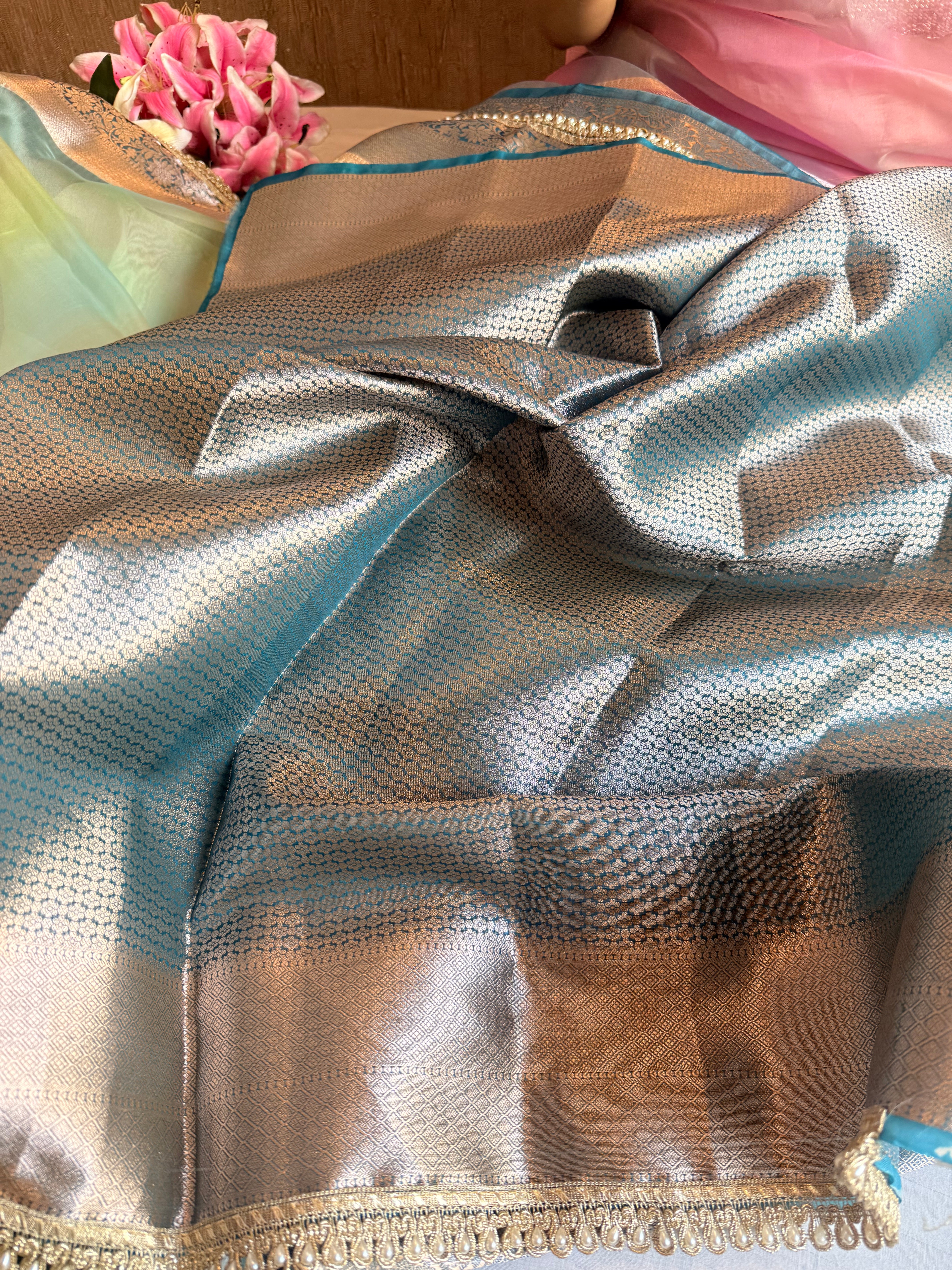 Banarasi kora silk rainbow dyed kadhwa saree with gotapatti work