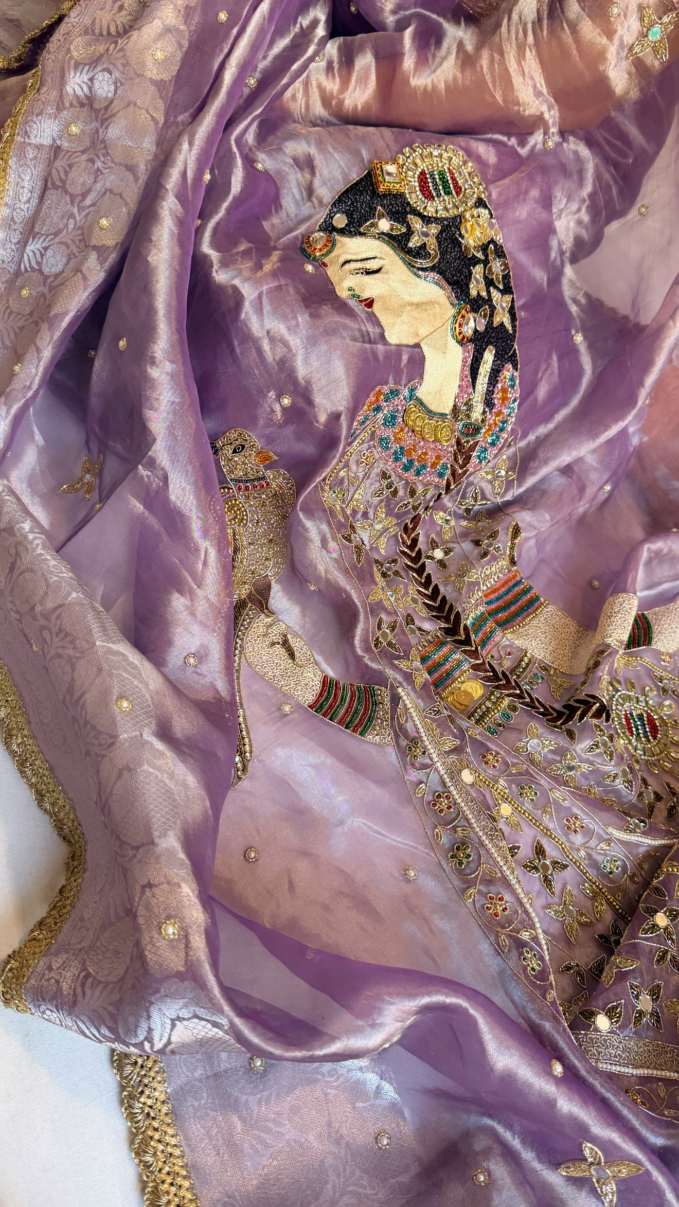 Heer saree with jadau necklace work hand embroidered tissue silk lilac saree