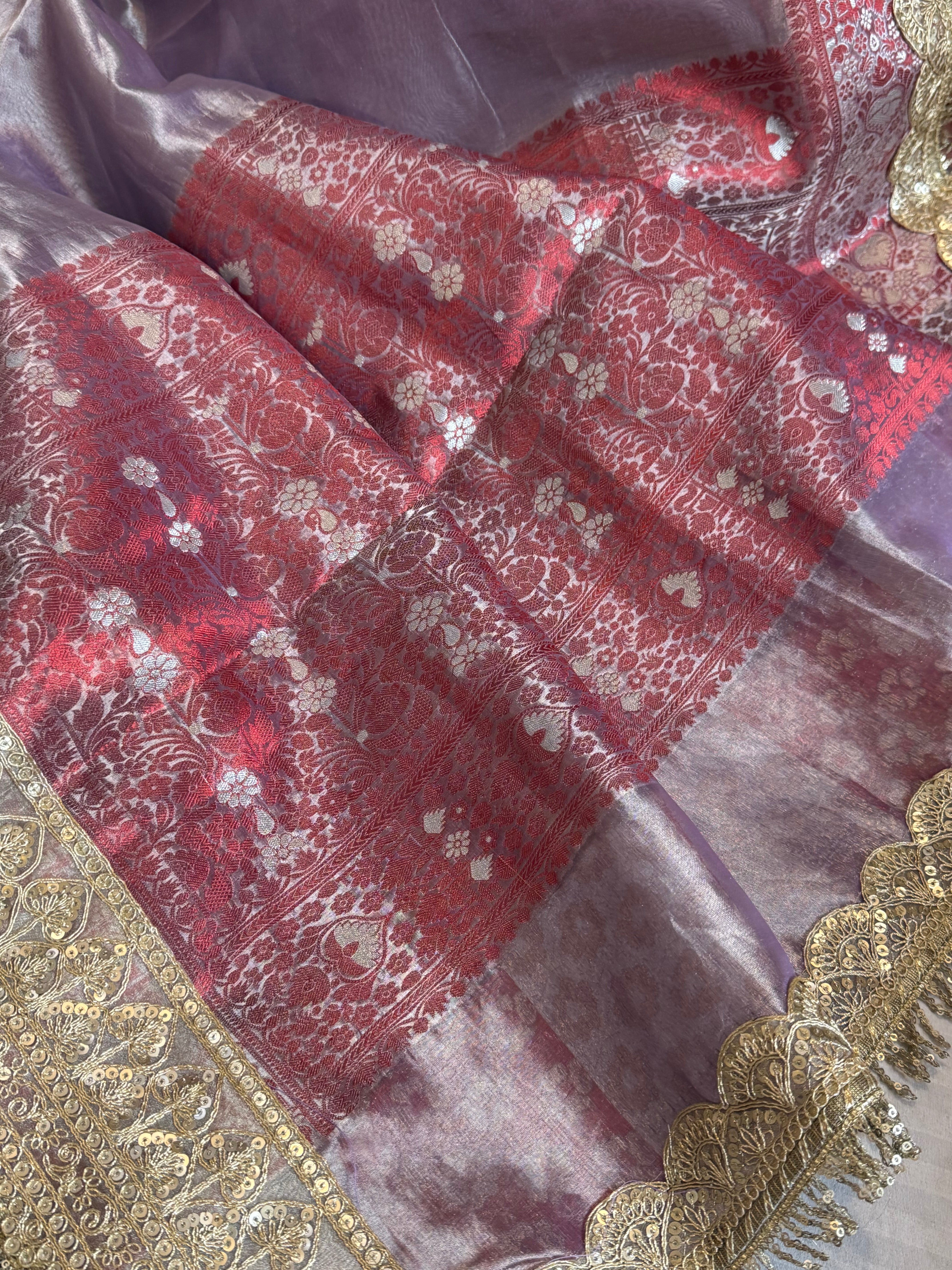 Maharani dreamy lavender tissue silk kadhwa meenakari saree