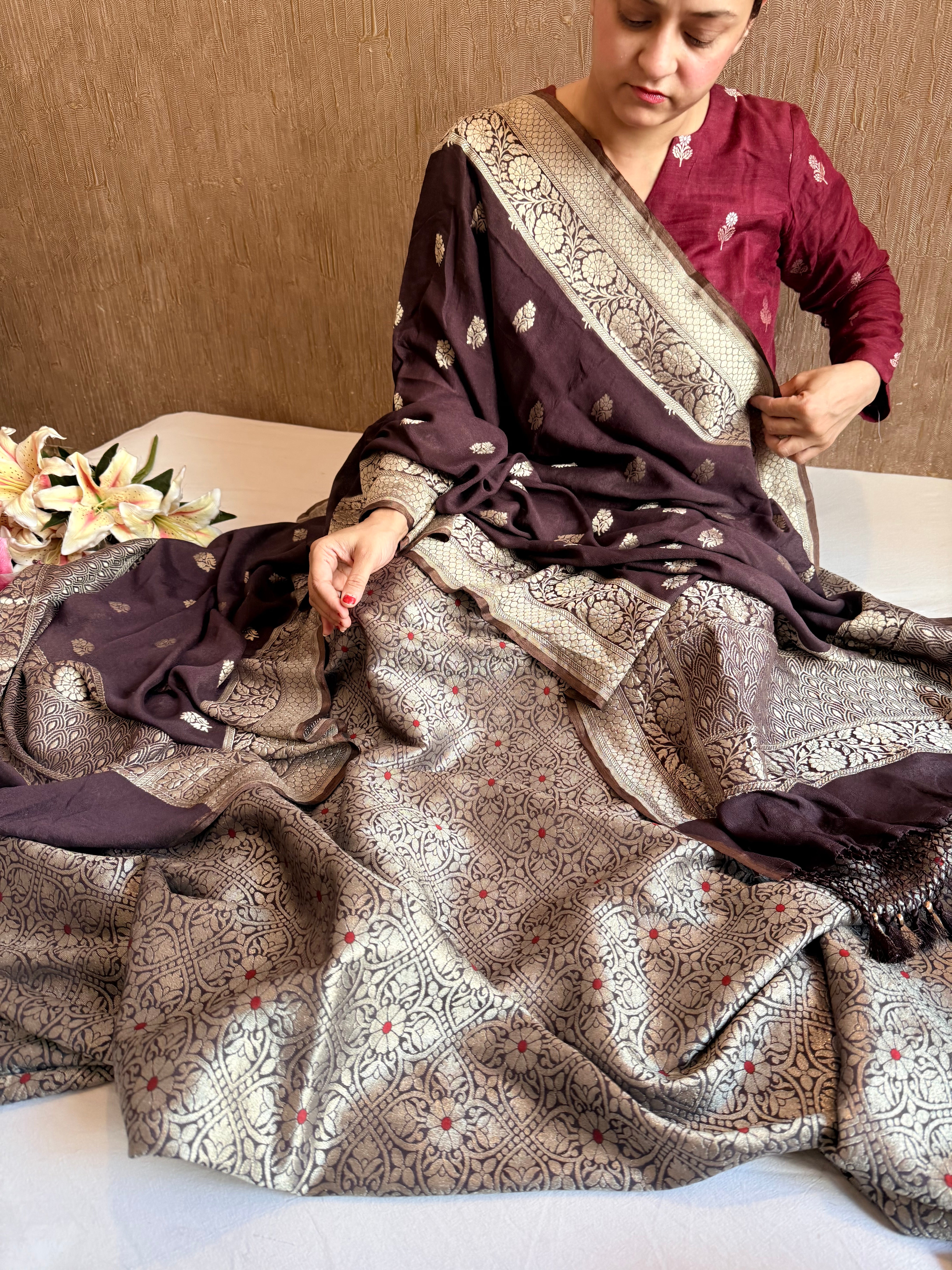 Chocolate brown moonga brocade ambose meenakari suit set